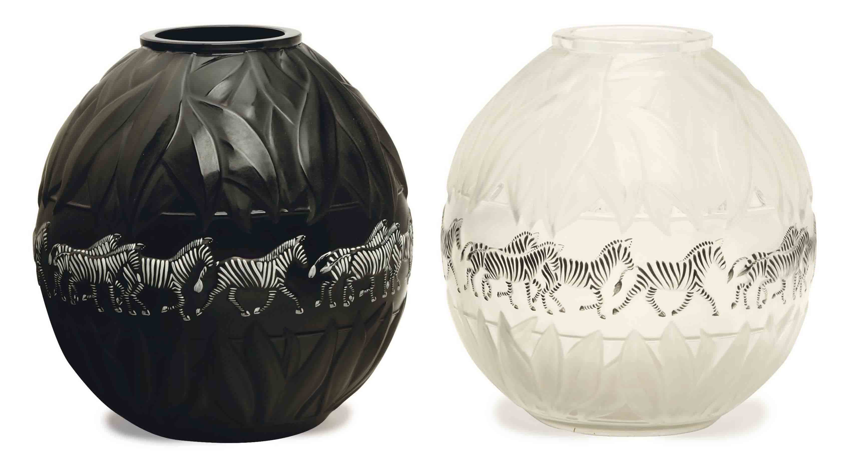 TWO FRENCH GLASS 'TANZANIA' VASES, , SIGNED IN ETCH 'LALIQUE, FRANCE