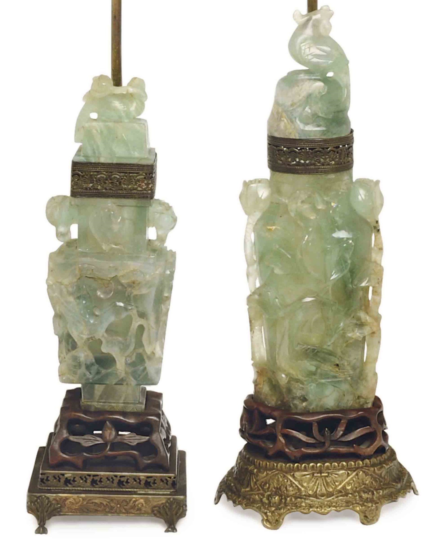 THREE CHINESE CARVED FLUORITE VASES MOUNTED AS LAMPS, , 20TH CENTURY ...