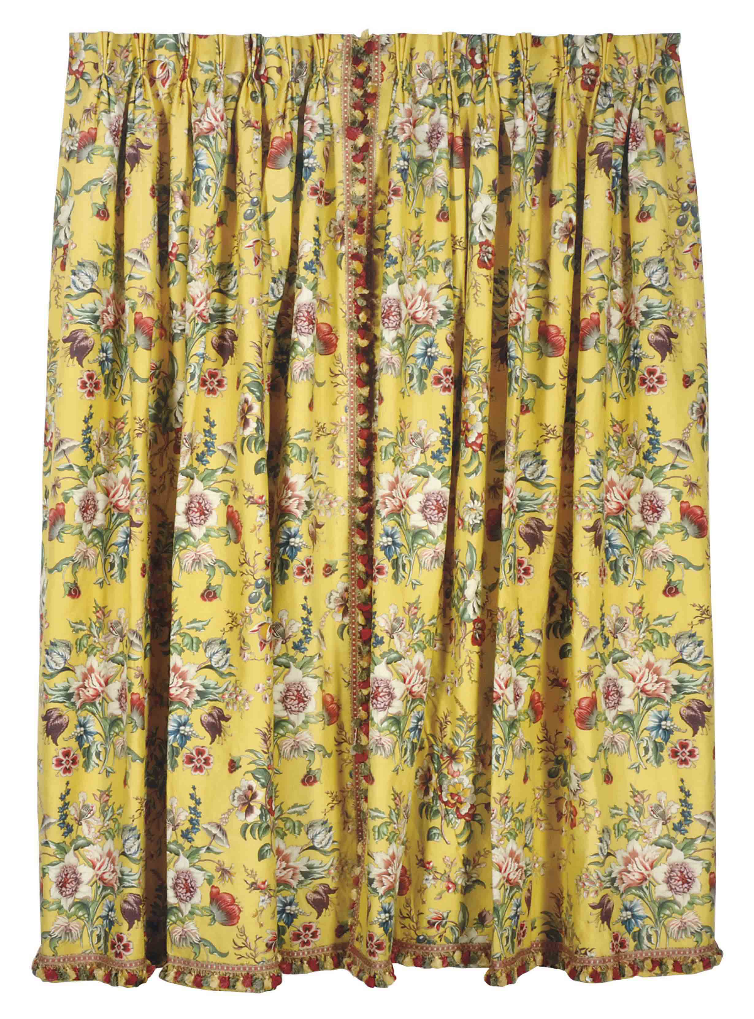 TWO PAIRS OF YELLOW GROUND CHINTZ DRAPERY PANELS, , LATE 20TH CENTURY