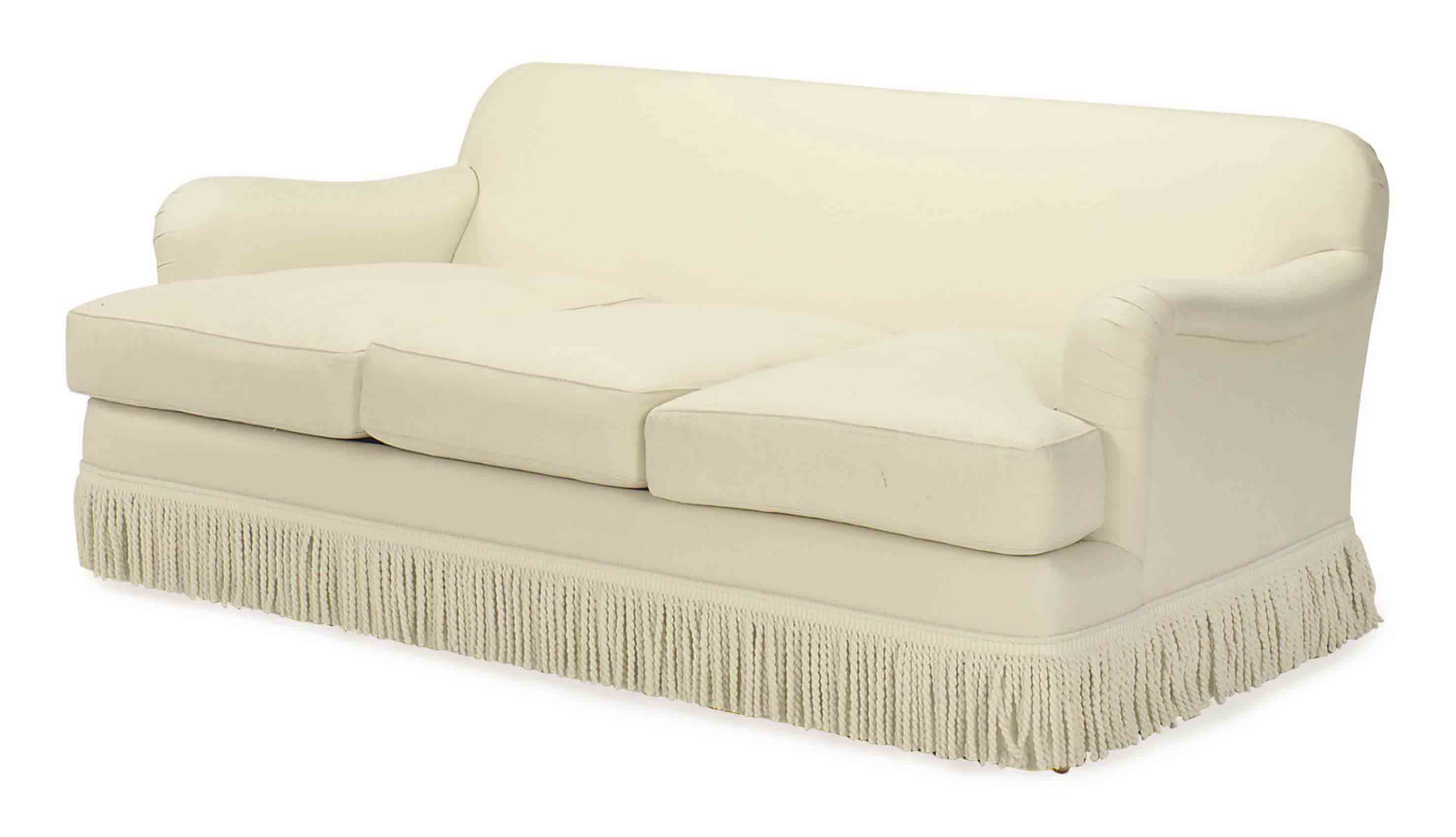 A PAIR OF CREAM LINEN UPHOLSTERED SOFAS,