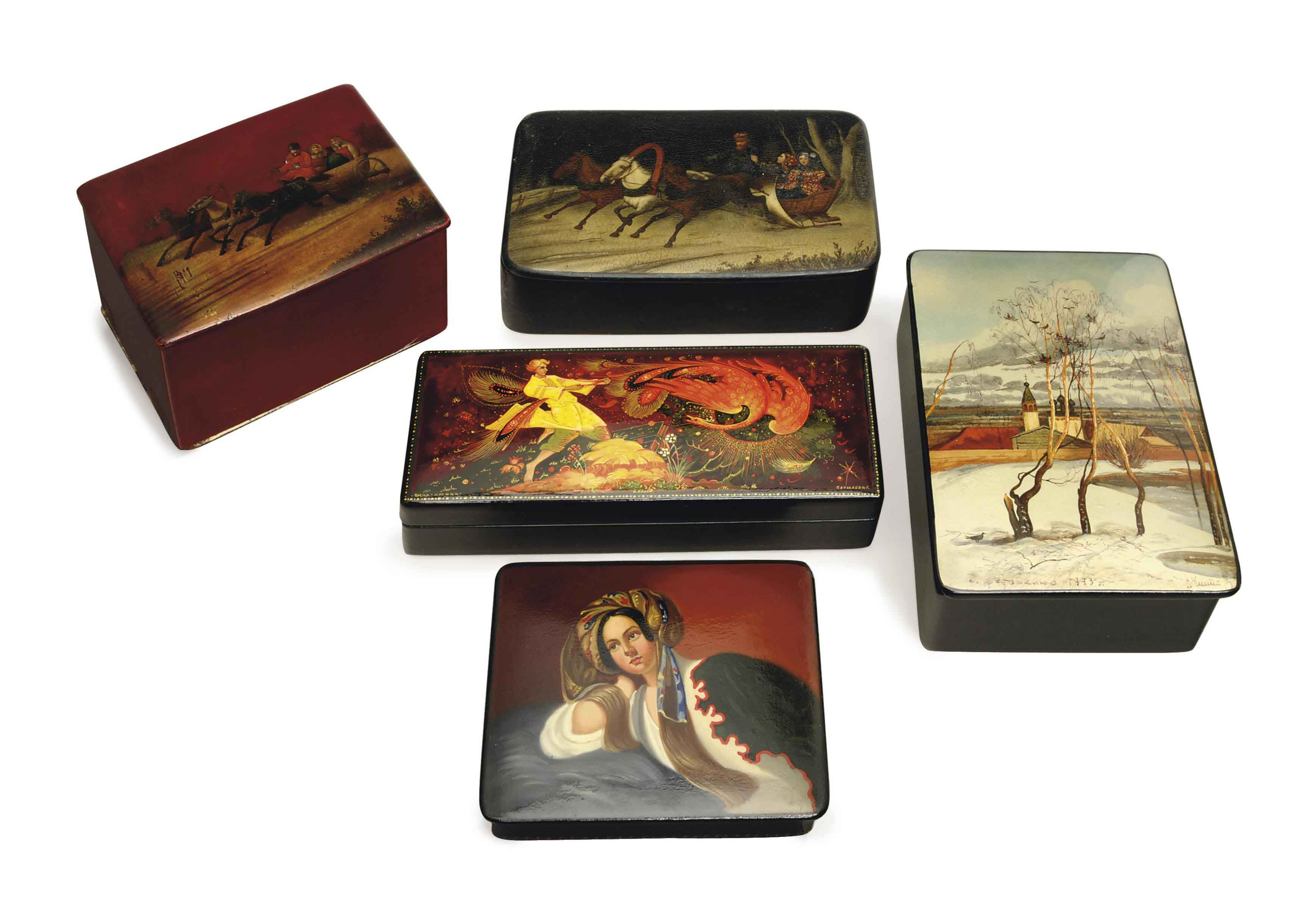 FOUR RUSSIAN PAPIER MACHE LACQUER BOXES WITH HINGED COVERS, AND ANOTHER