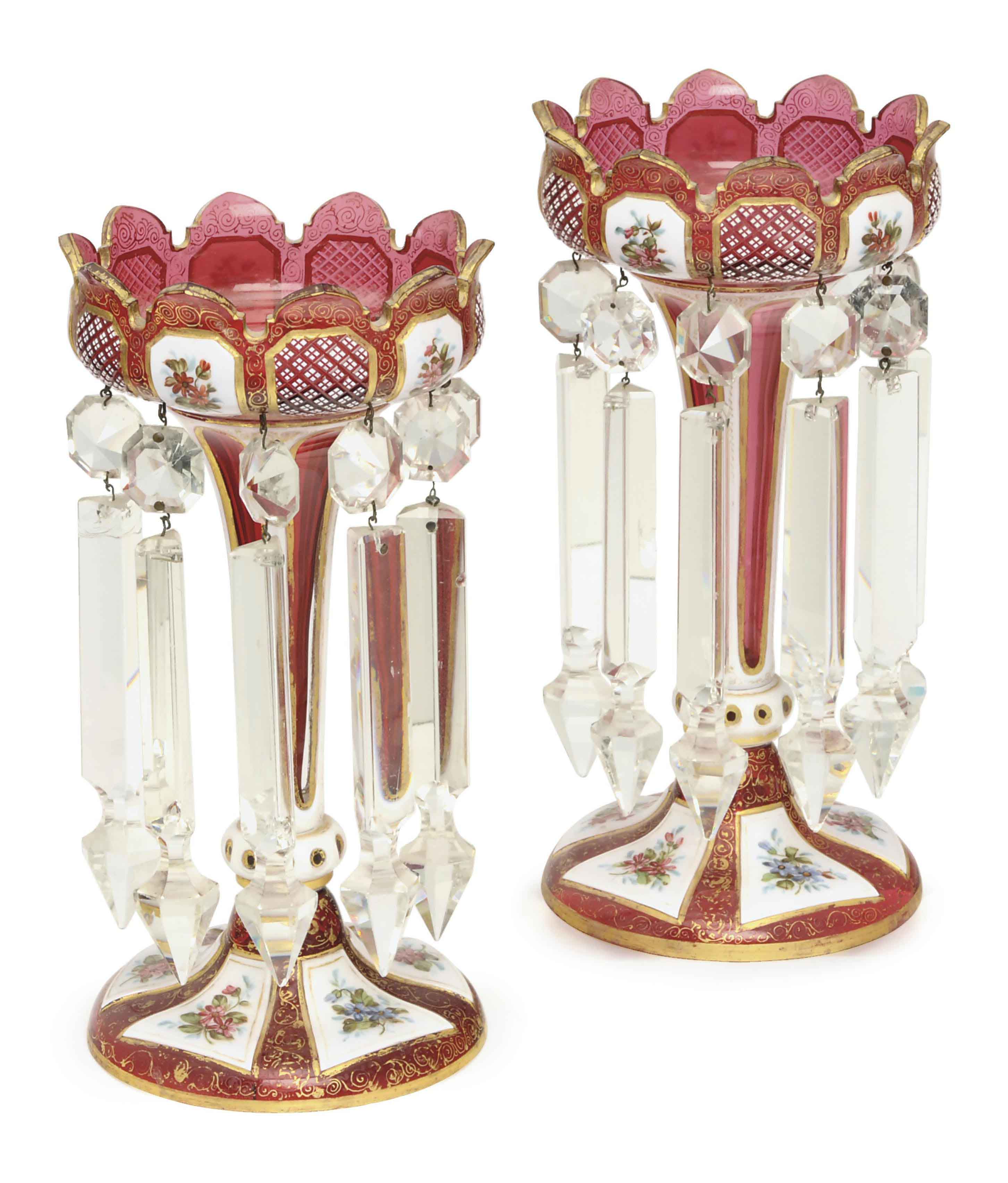 A PAIR OF VICTORIAN CRANBERRY CASED GLASS LUSTERS, , 19TH CENTURY