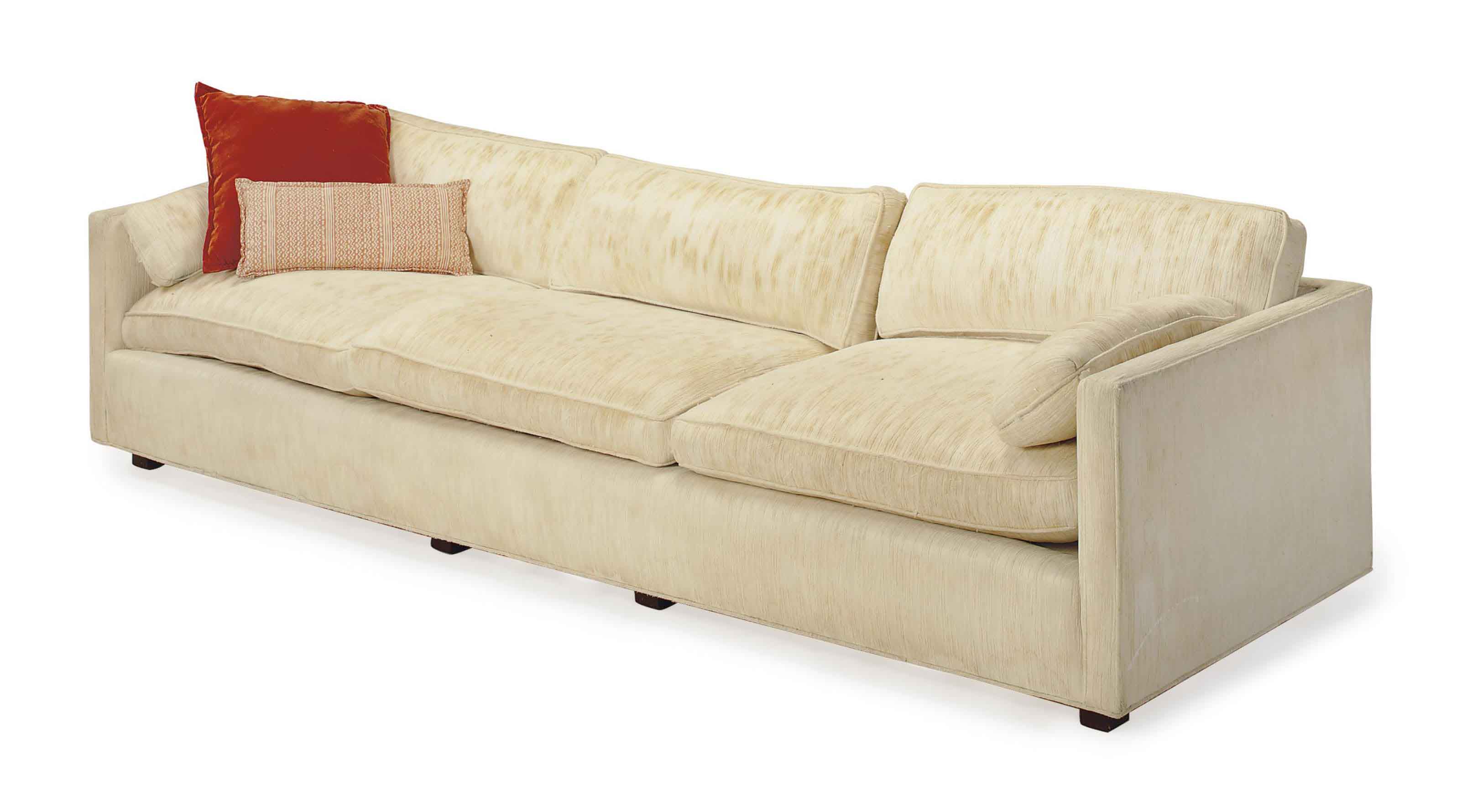 A CREAM TEXTURED COTTON AND VELOUR UPHOLSTERED SOFA,