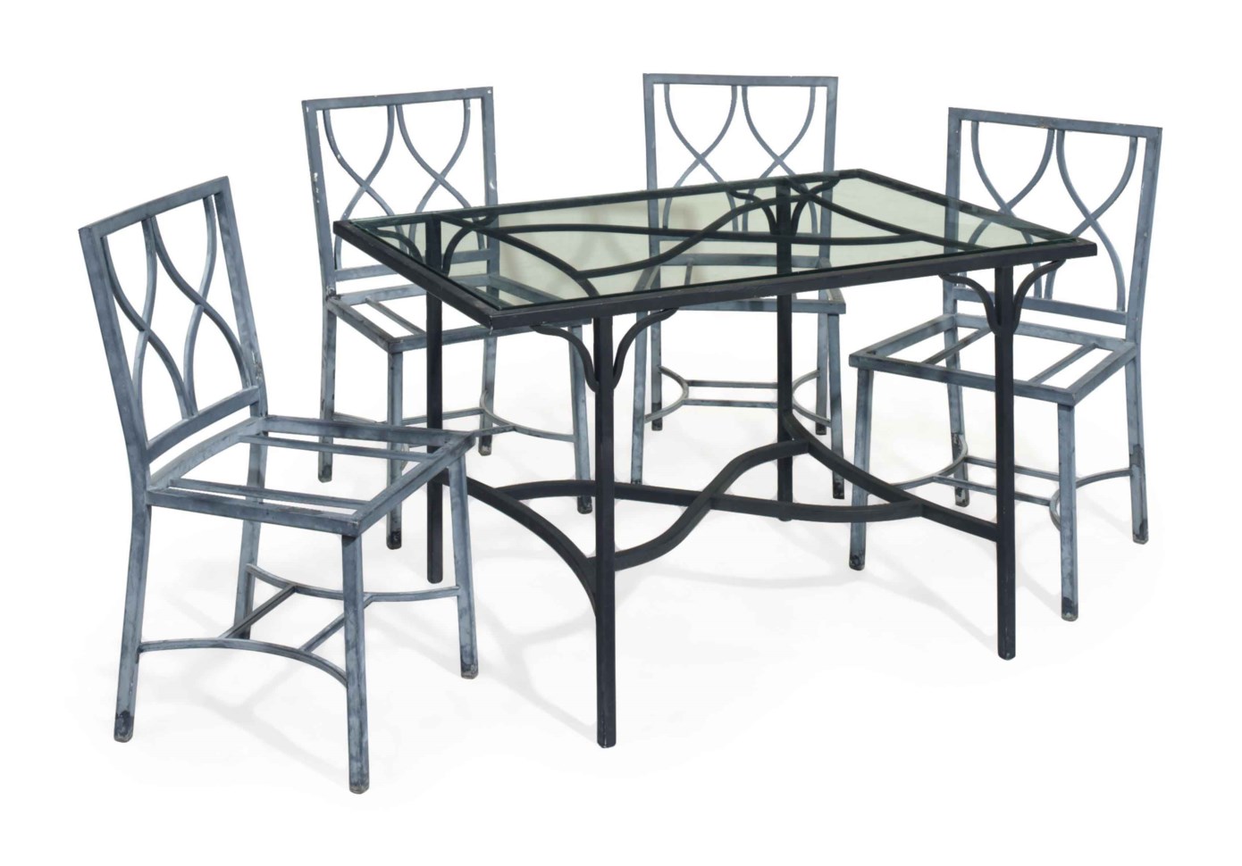 A MATCHED SET OF GRAY AND BLUE PAINTED-METAL GARDEN TABLE AND FOUR CHAIRS,