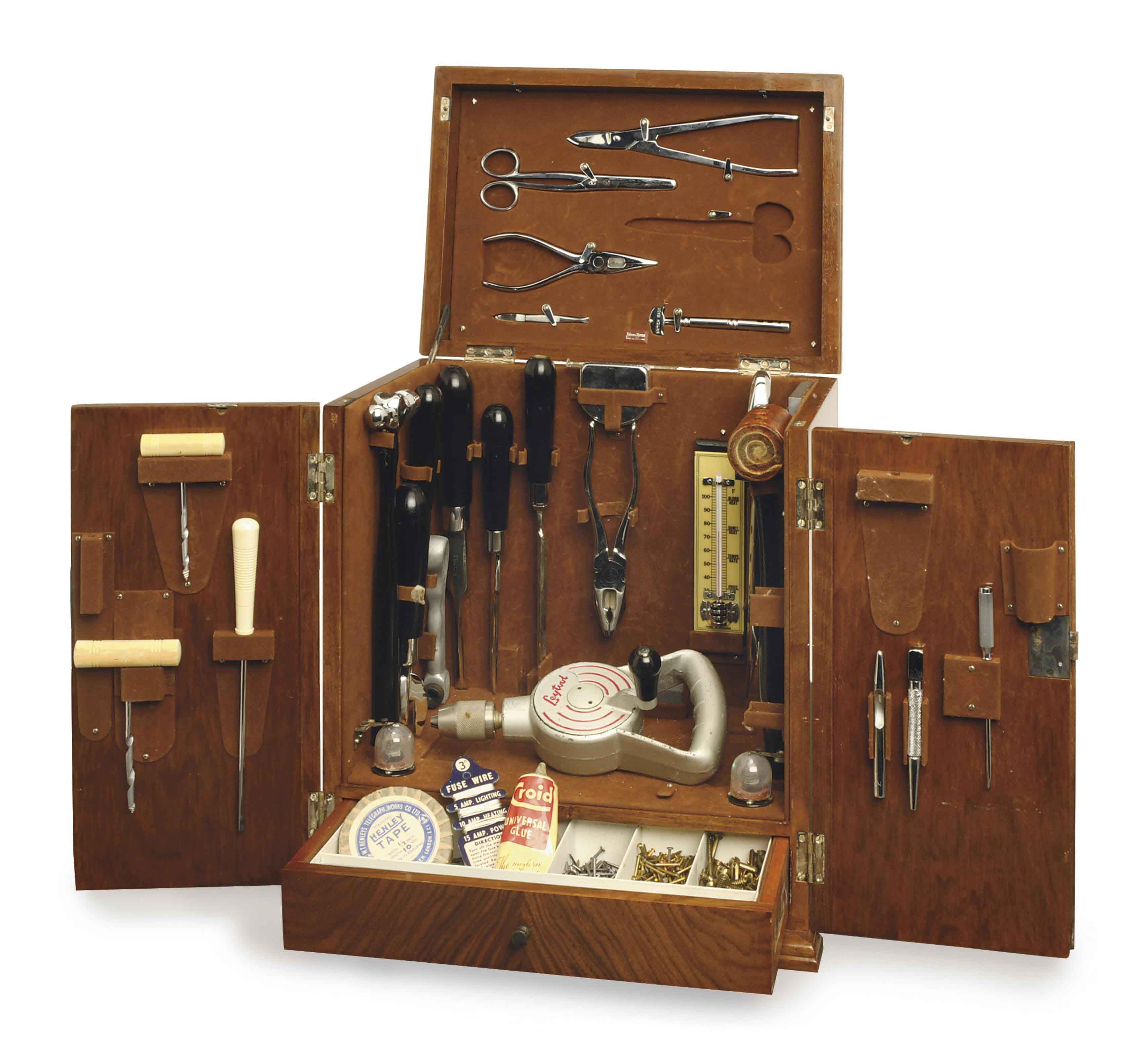 A FIGURED WALNUT TABLETOP TOOL BOX AND TOOLS, , 20TH