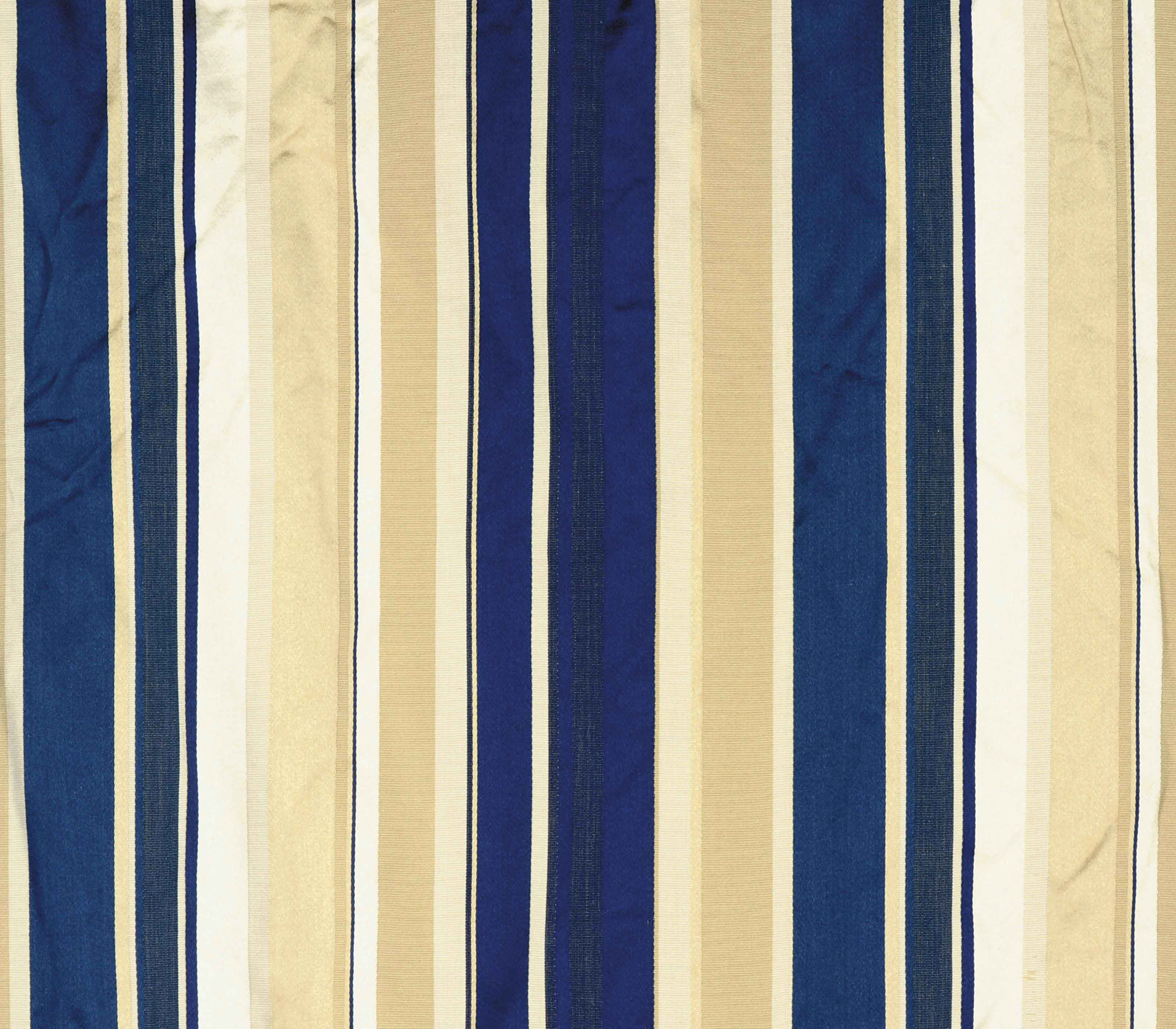 A Pair Of Blue And Beige Striped Cotton Curtain Panels