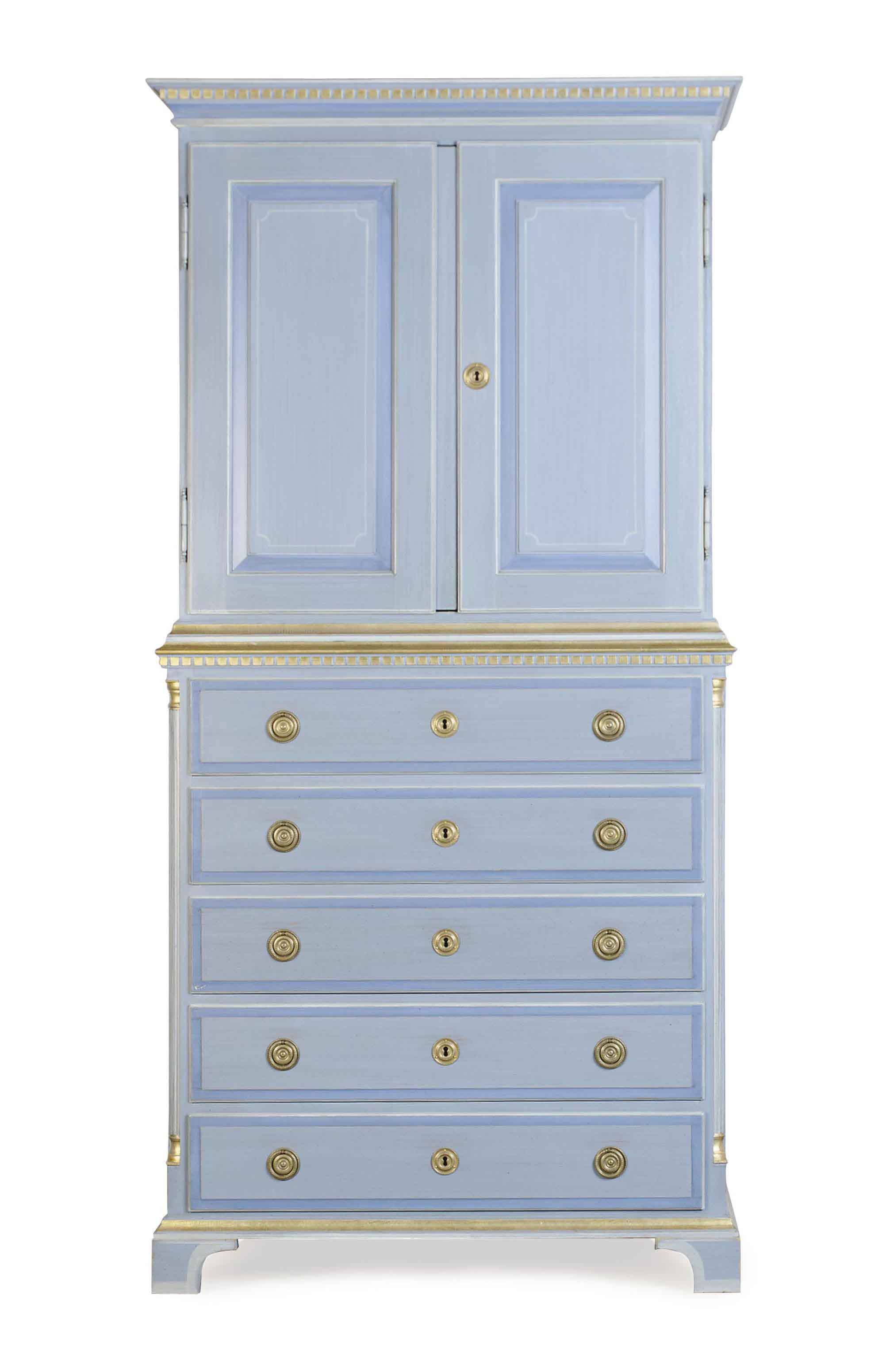 A Parcel Gilt And Blue Painted Breakfront Cabinet On Chest 20th