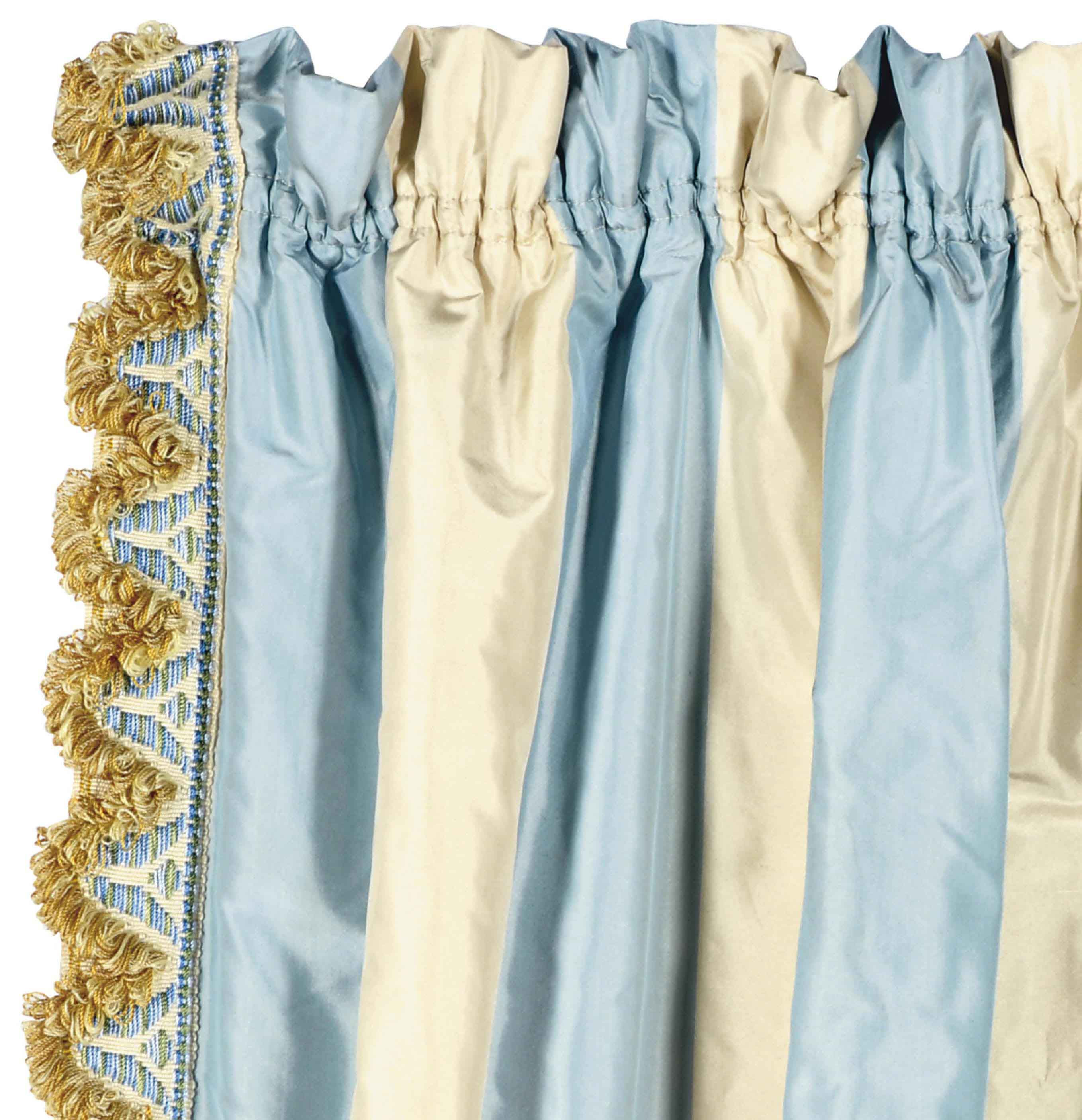 Three Blue And Cream Striped Silk Curtain Panels Late 20th