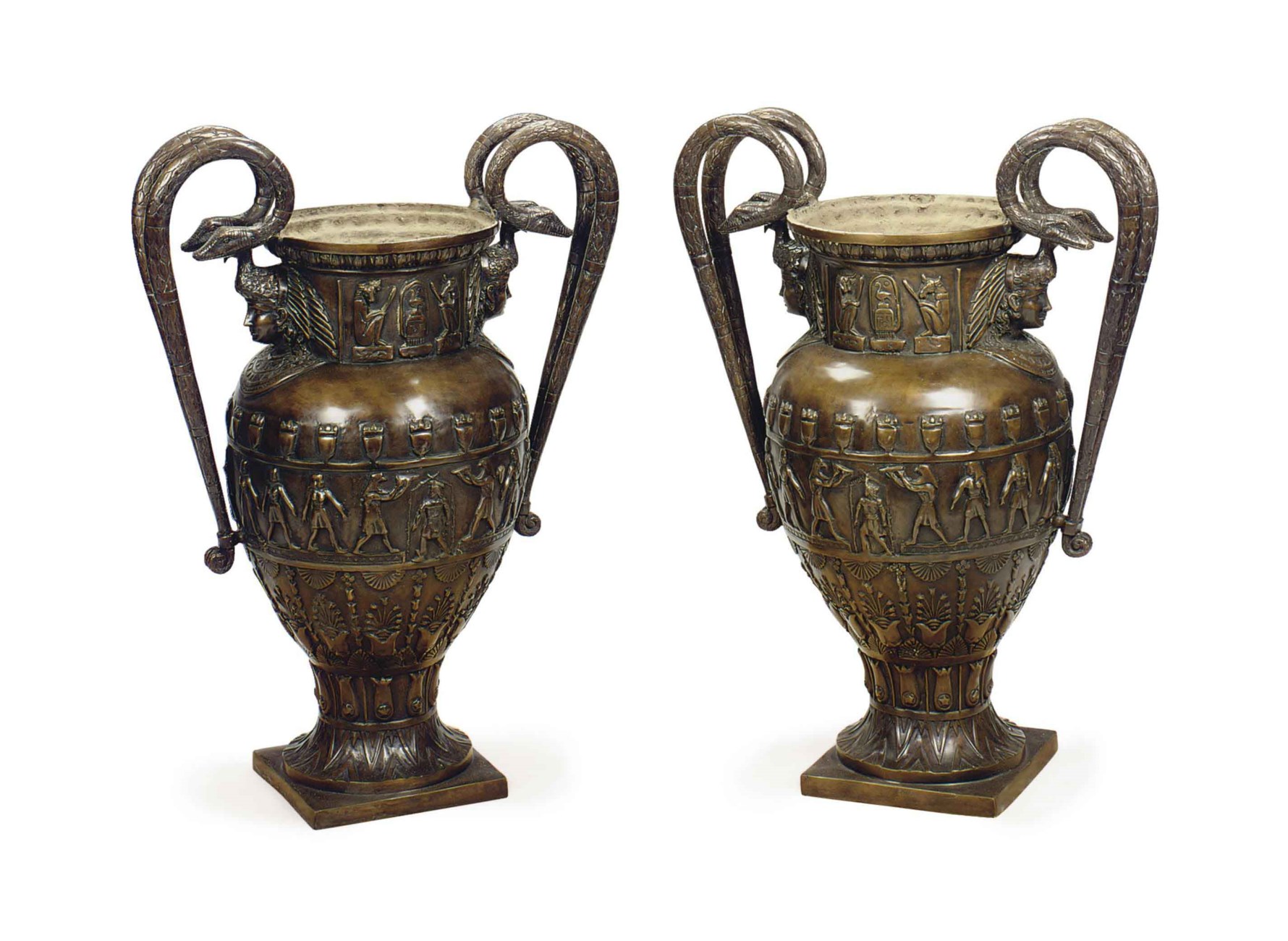 A PAIR OF PATINATEDBRONZE DOUBLEHANDLED VASES,