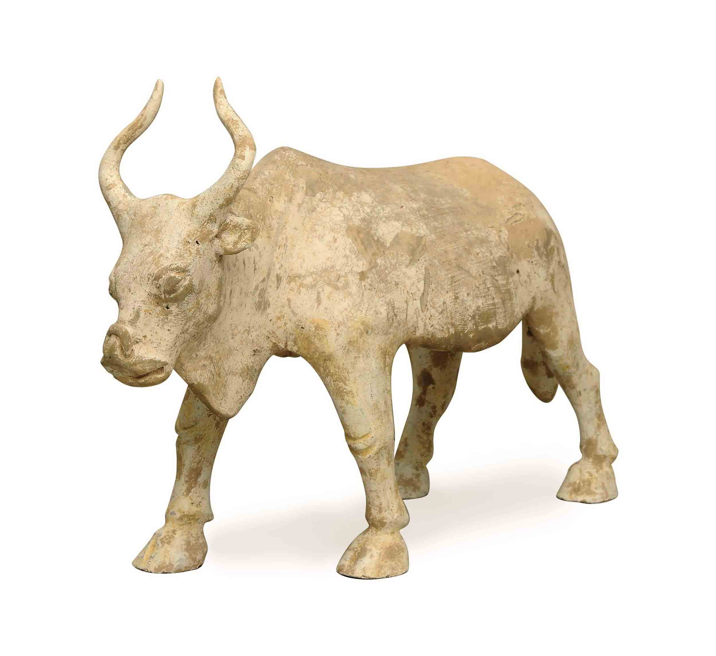 A Chinese Painted Grey Pottery Ox