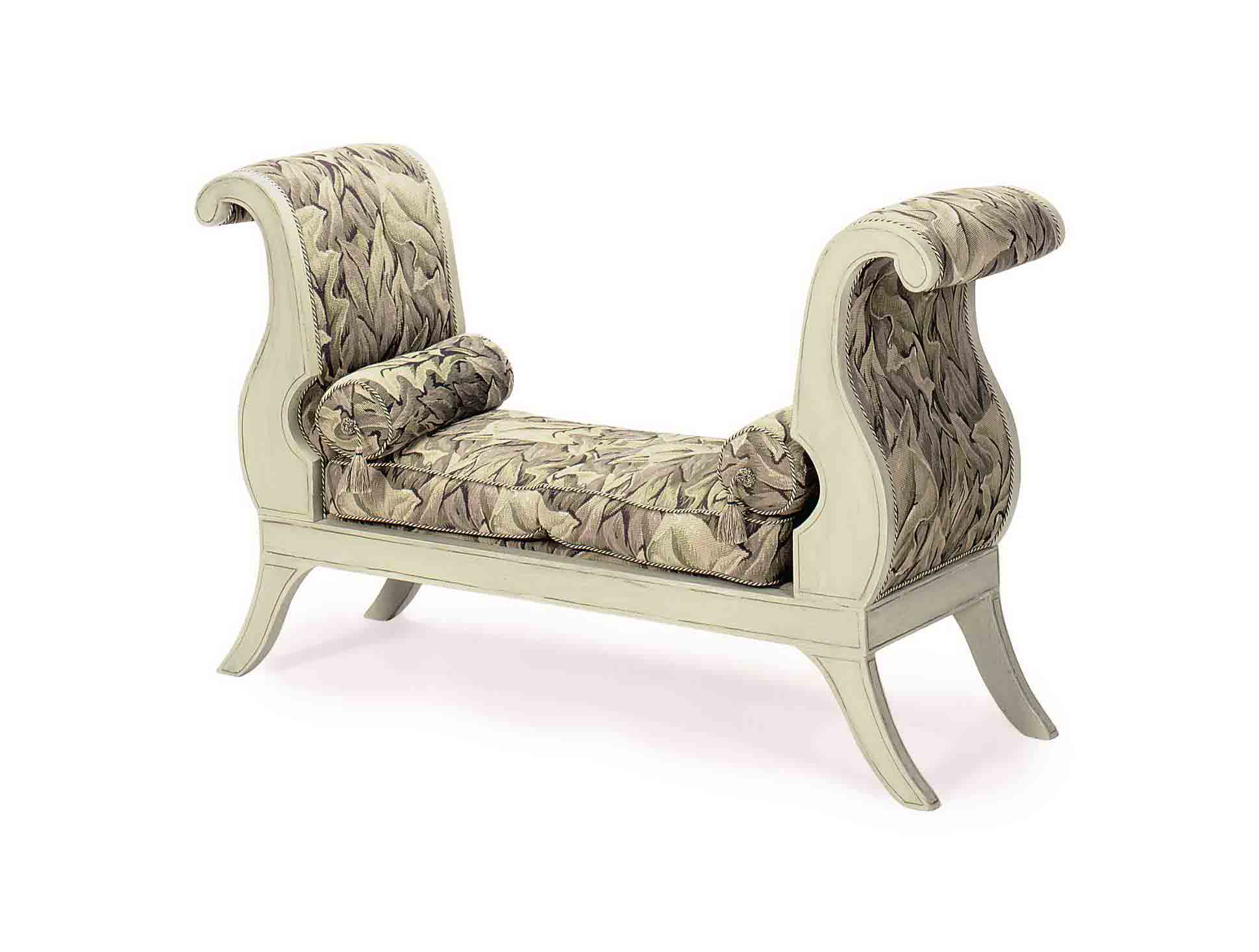A Parcel Gilt And Green Painted Scroll Arm Bench Late 20th