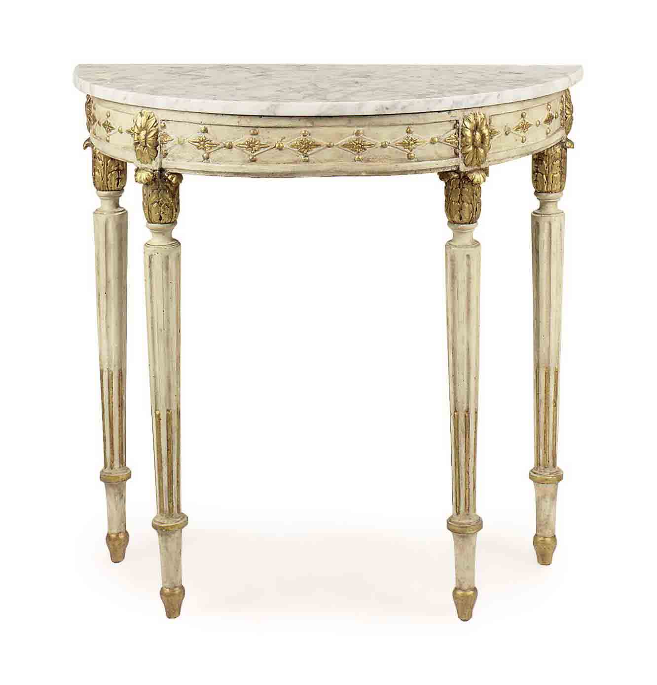 A NORTH EUROPEAN CREAMPAINTED AND PARCELGILT MARBLETOP DEMILUNE