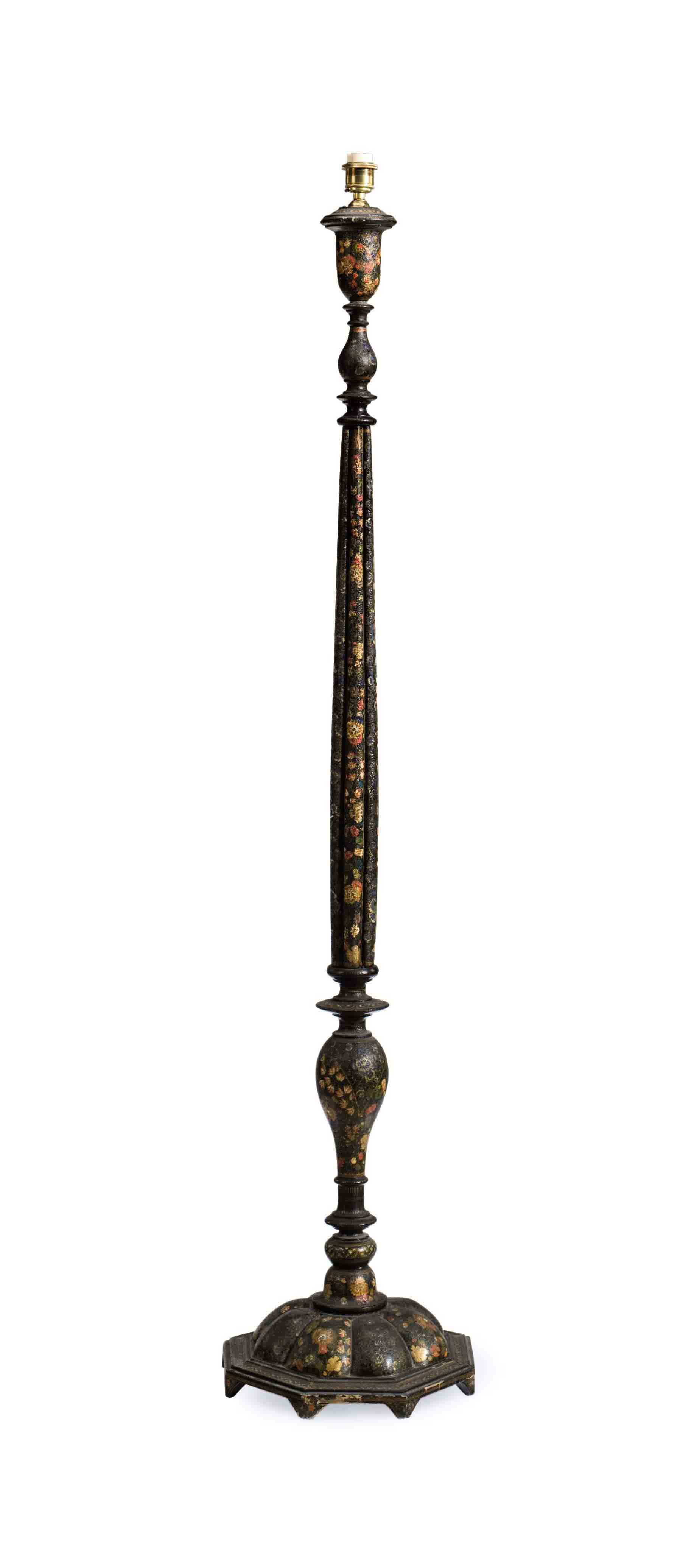 A Kashmiri Papier Mache Polychrome Decorated Standing Lamp 20th