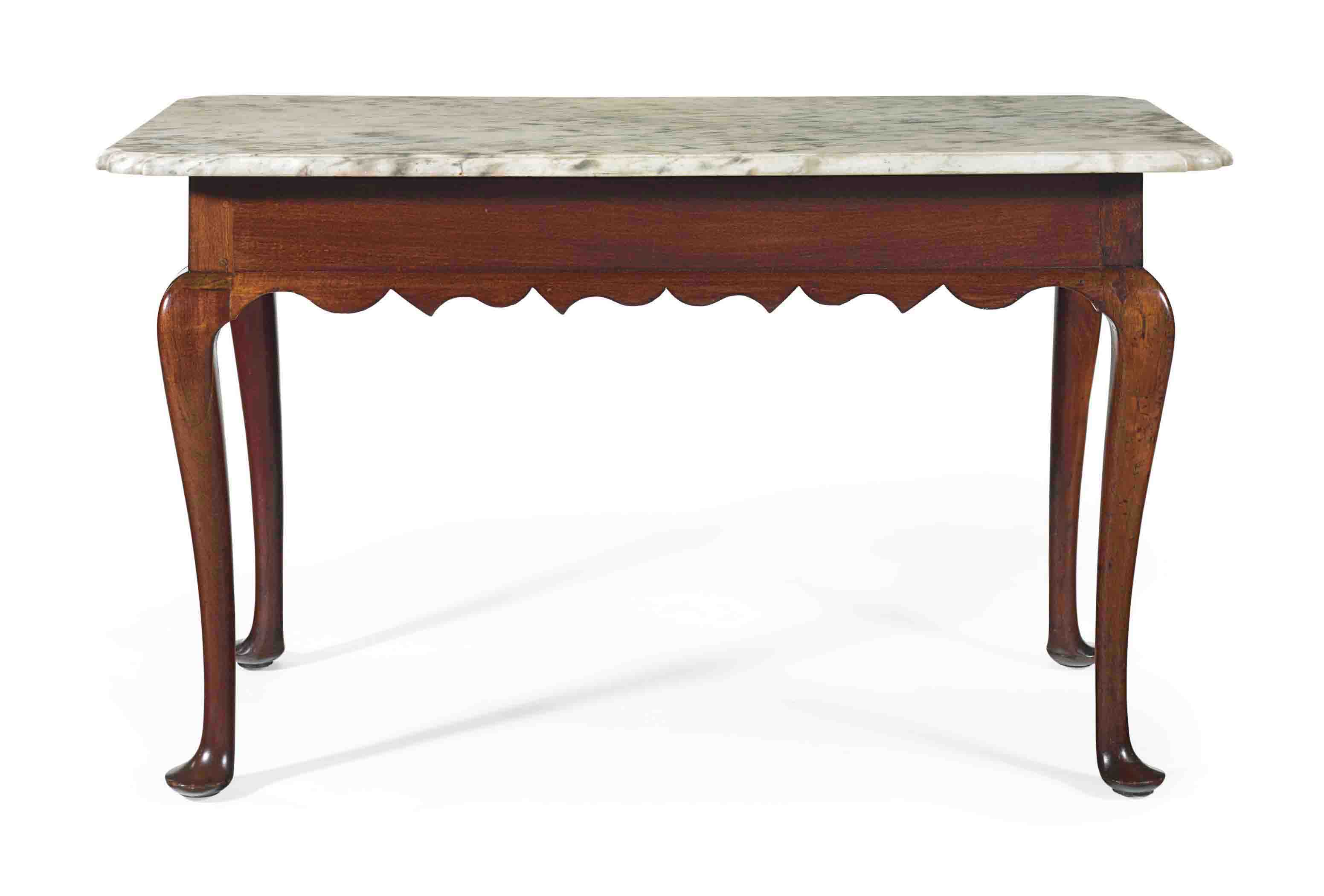 A QUEEN ANNE CARVED MAHOGANY MARBLE-TOP CENTER TABLE , NEW ...