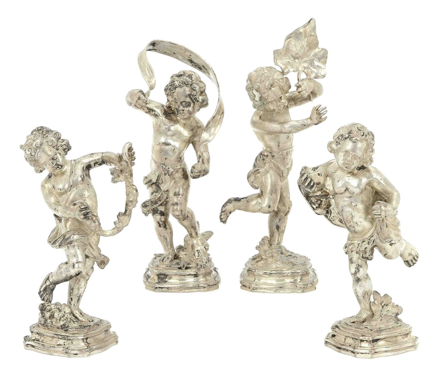 A SET OF FOUR ITALIAN SILVER FIGURES OF PUTTI, , MARK OF M. BUCCELLATI