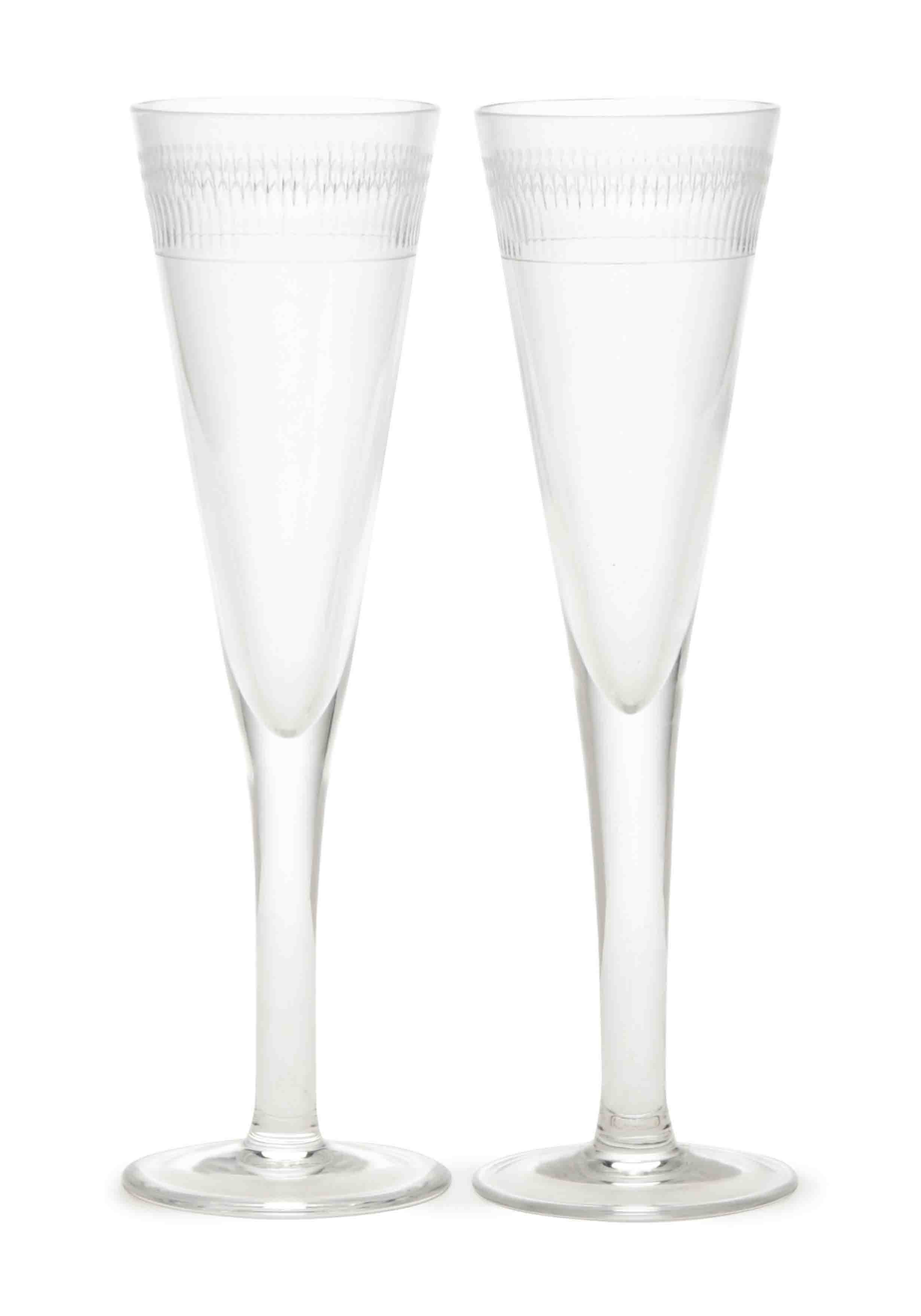 ELEVEN HUNGARIAN CUT COLORLESS GLASS CHAMPAGNE FLUTES,