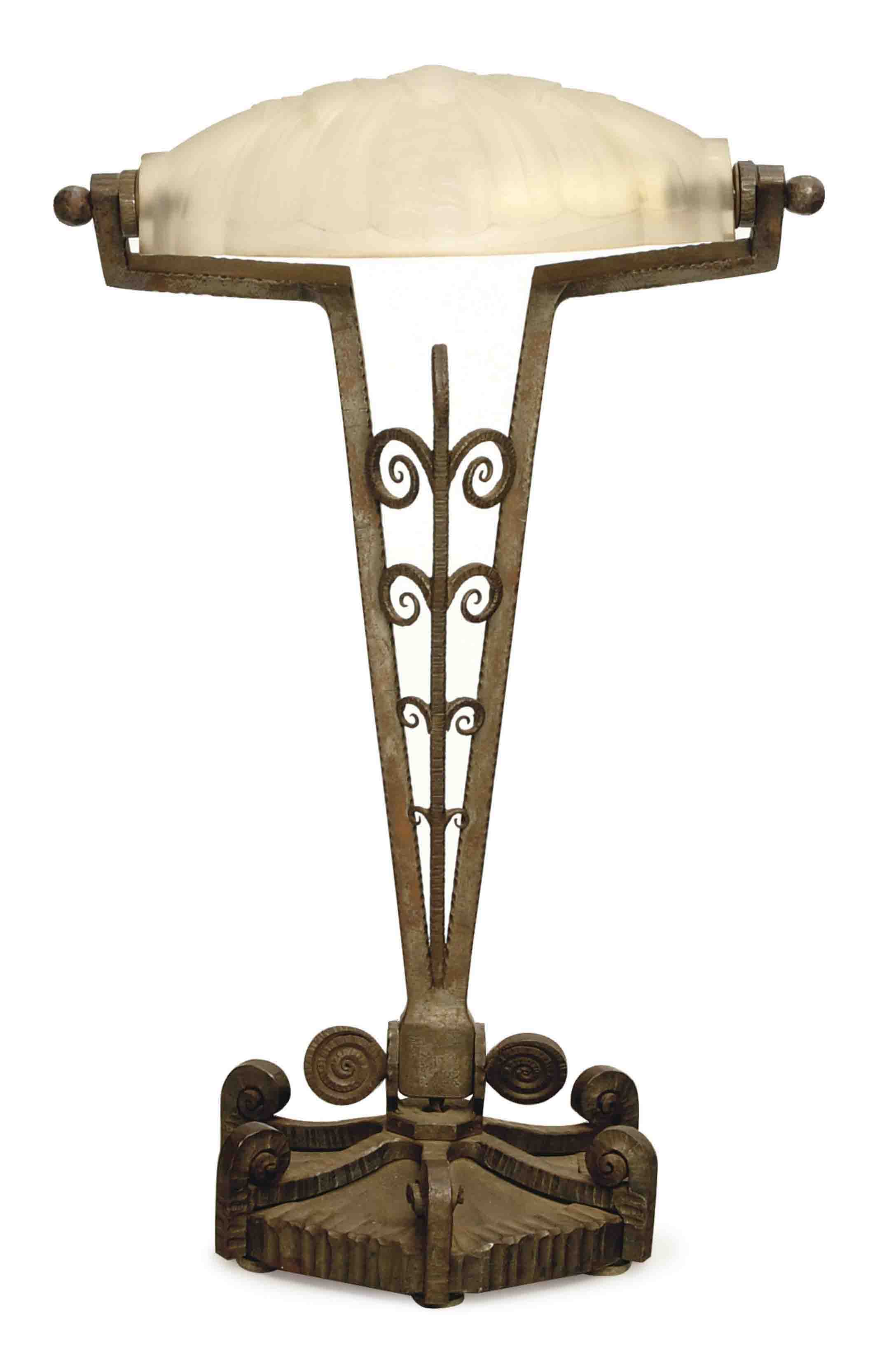 An Art Deco Wrought Iron And Etched Glass Desk Lamp