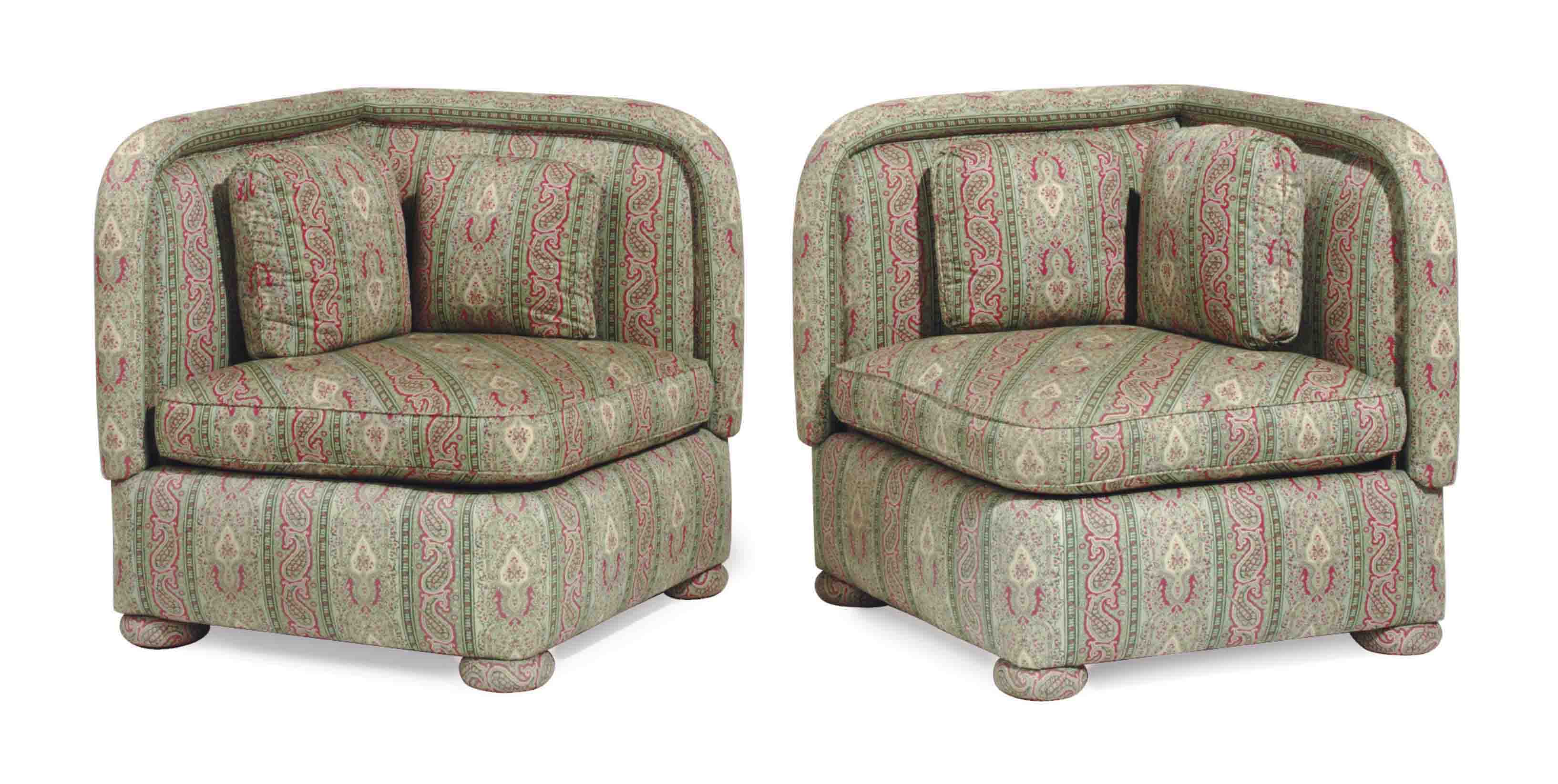 A PAIR OF PAISLEY PATTERNUPHOLSTERED CORNER CHAIRS, , LATE 20TH