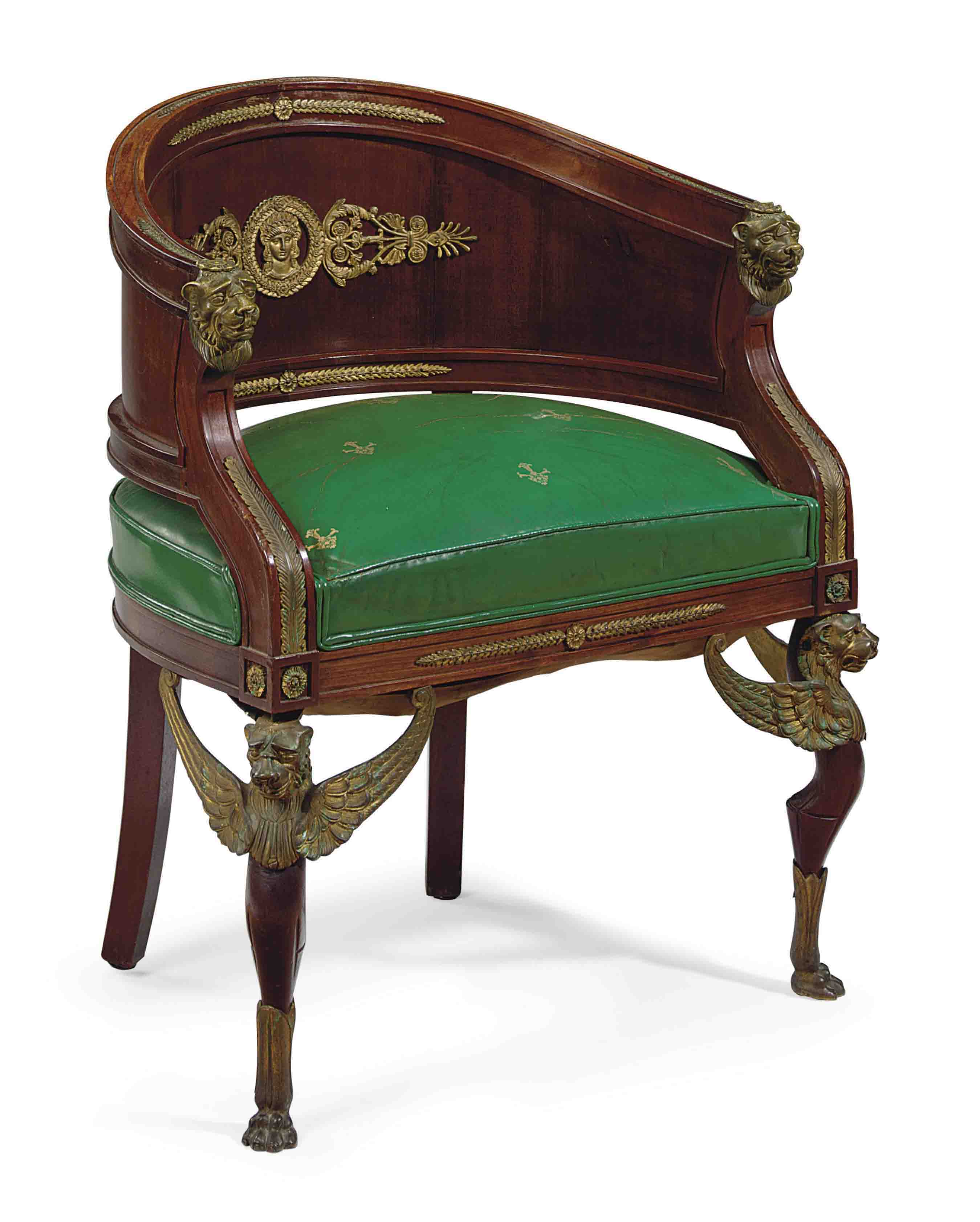 A FRENCH ORMOLUMOUNTED MAHOGANY DESK CHAIR , IN THE EMPIRE STYLE, LATE