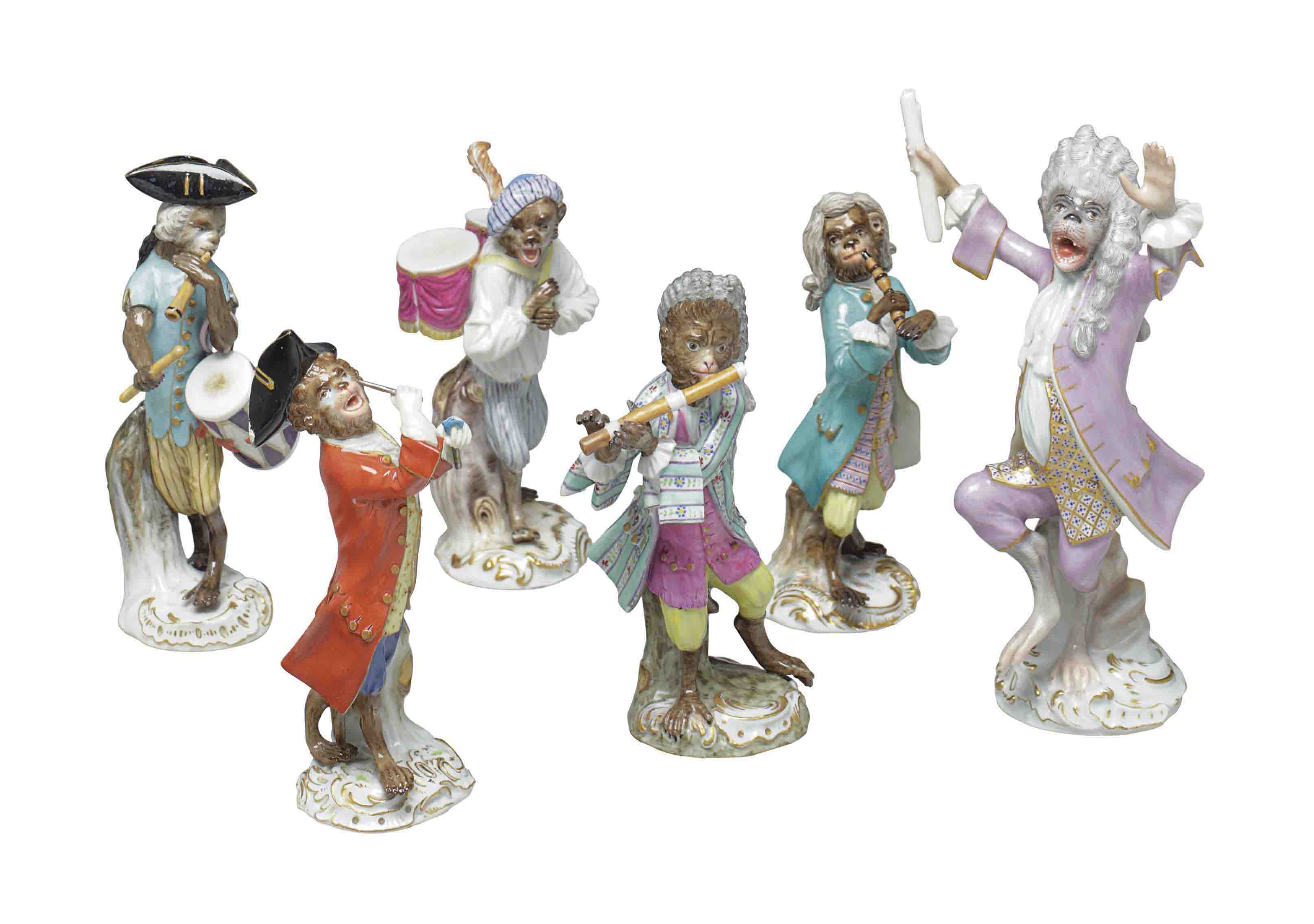 SIX MEISSEN PORCELAIN MONKEY BAND FIGURES , LATE 19TH/20TH CENTURY