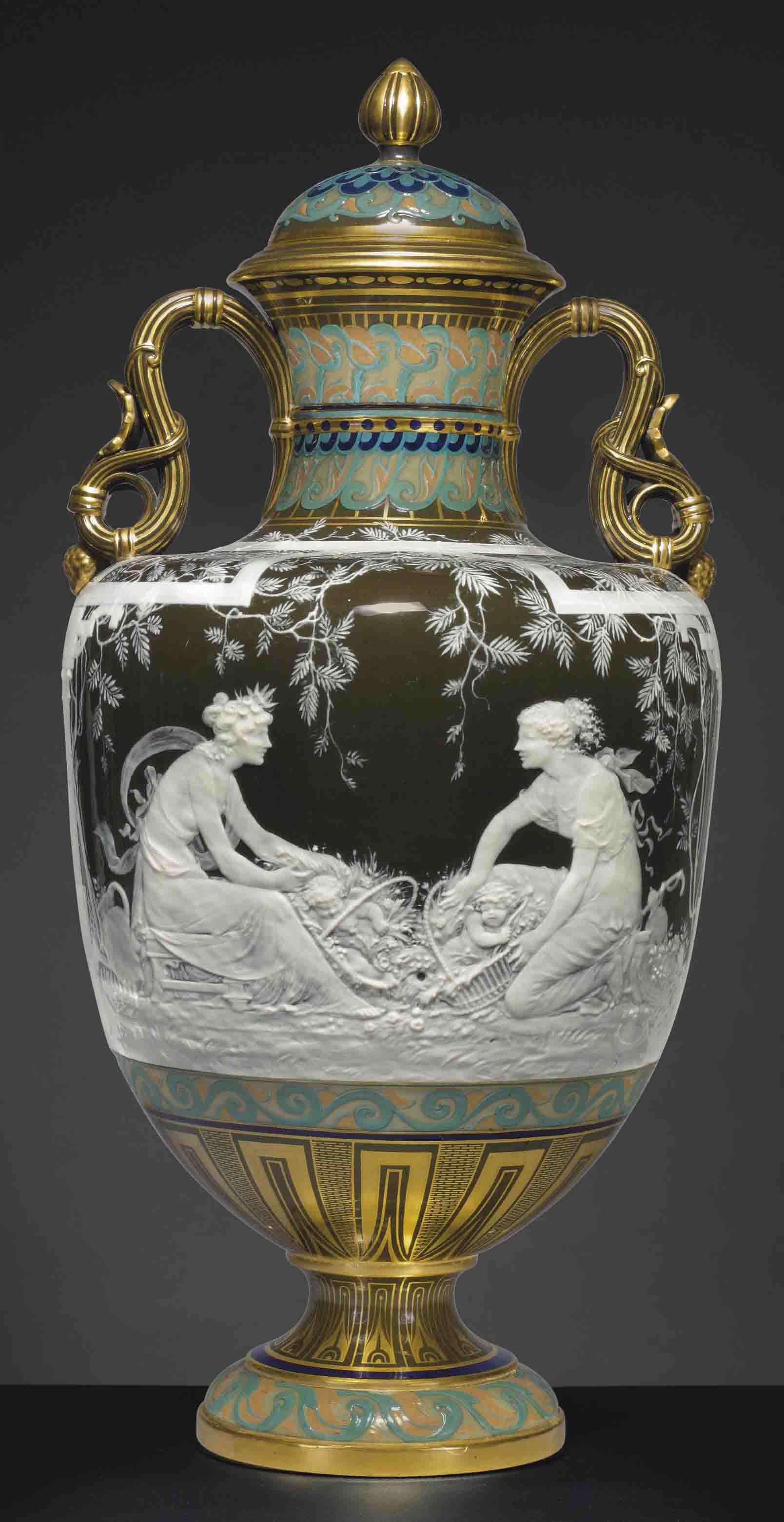 A Minton p&acirc;te-sur-p&acirc;te&nbsp;olive-brown two-handled vase and cover, &lsquo;Comparaison&rsquo;, circa 1892. 21⅛ in (53.6  cm) high (2). Sold for $134,500 on 20 October 2011 at Christie&rsquo;s in New York