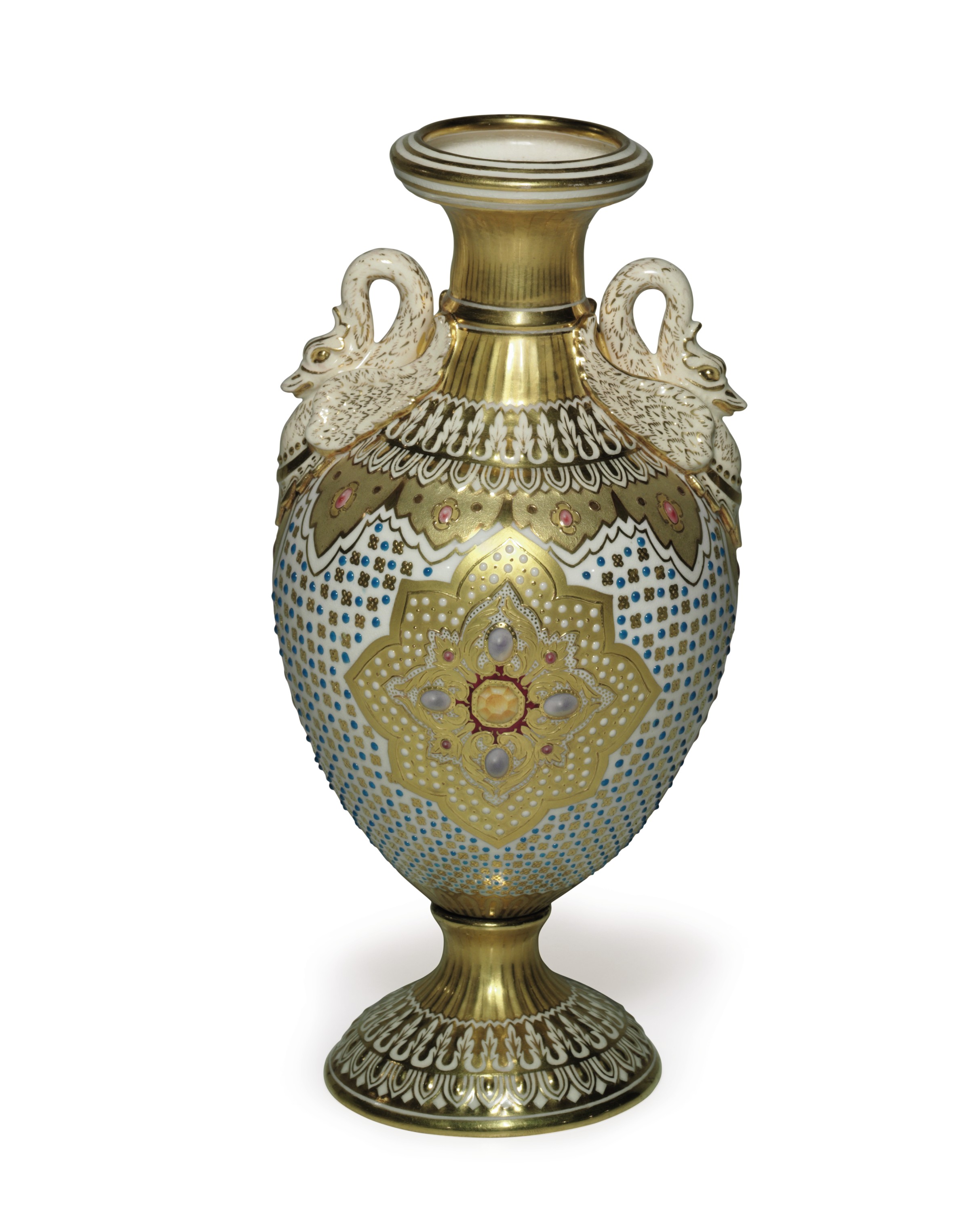 A Coalport Porcelain Jeweled Gold Ground Swan Handled Vase