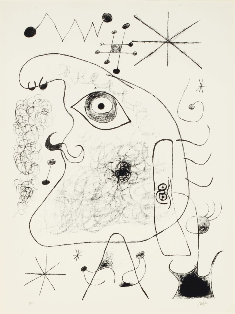 Joan Miró, Barcelona XXXV, from Barcelona Series (M. 40), 1944. Lithograph, on Torras Juvinya, signed and dated in pencil. S 27½ x 20¾ in (699 x 527 mm). Sold for $15,000 on 25-26 October 2011 at Christie’s in New York. © Successió Miró  ADAGP, Paris and DACS London 2020