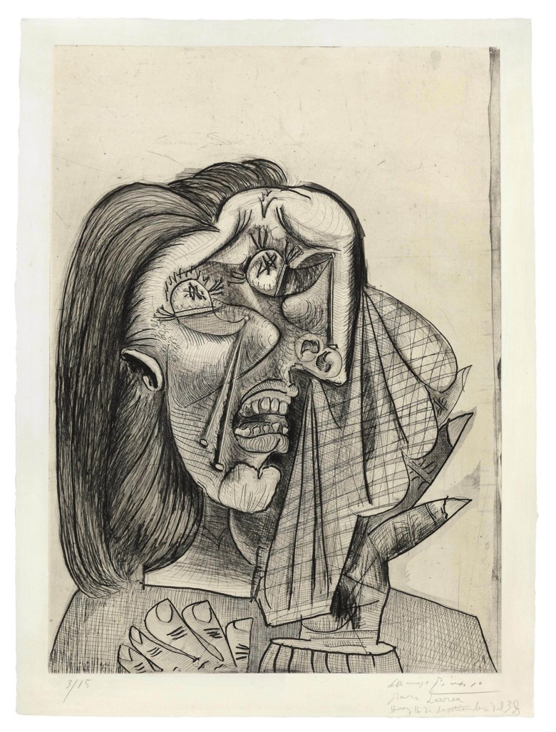 Pablo Picasso (1881-1973), La femme qui pleure, I, 1937. Drypoint, aquatint, etching and scraper on laid Montval wove paper, a very fine impression of the seventh (final) state. Executed in 1937, this work is number three from an edition of 15. Image size 690 x 496 mm; sheet size 767 x 565 mm. Sold for $5,122,500 on 1 November 2011 at Christie’s in New York