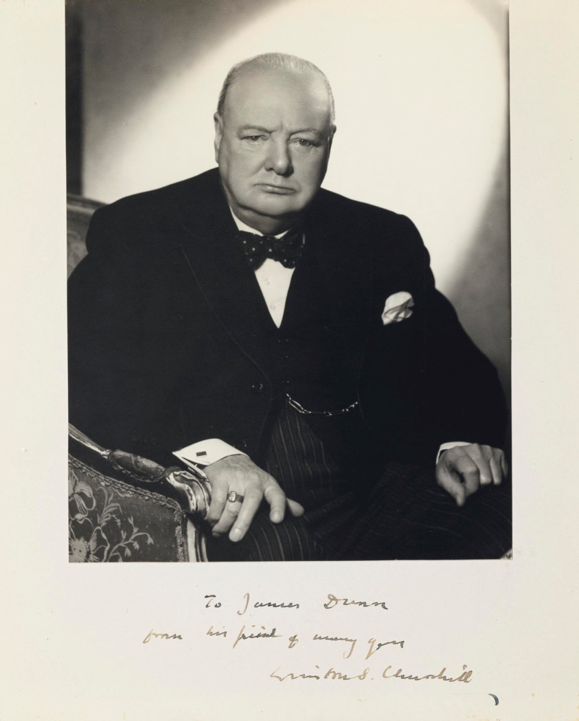 CHURCHILL, Winston S. Photographic portrait, signed and inscribed as ...