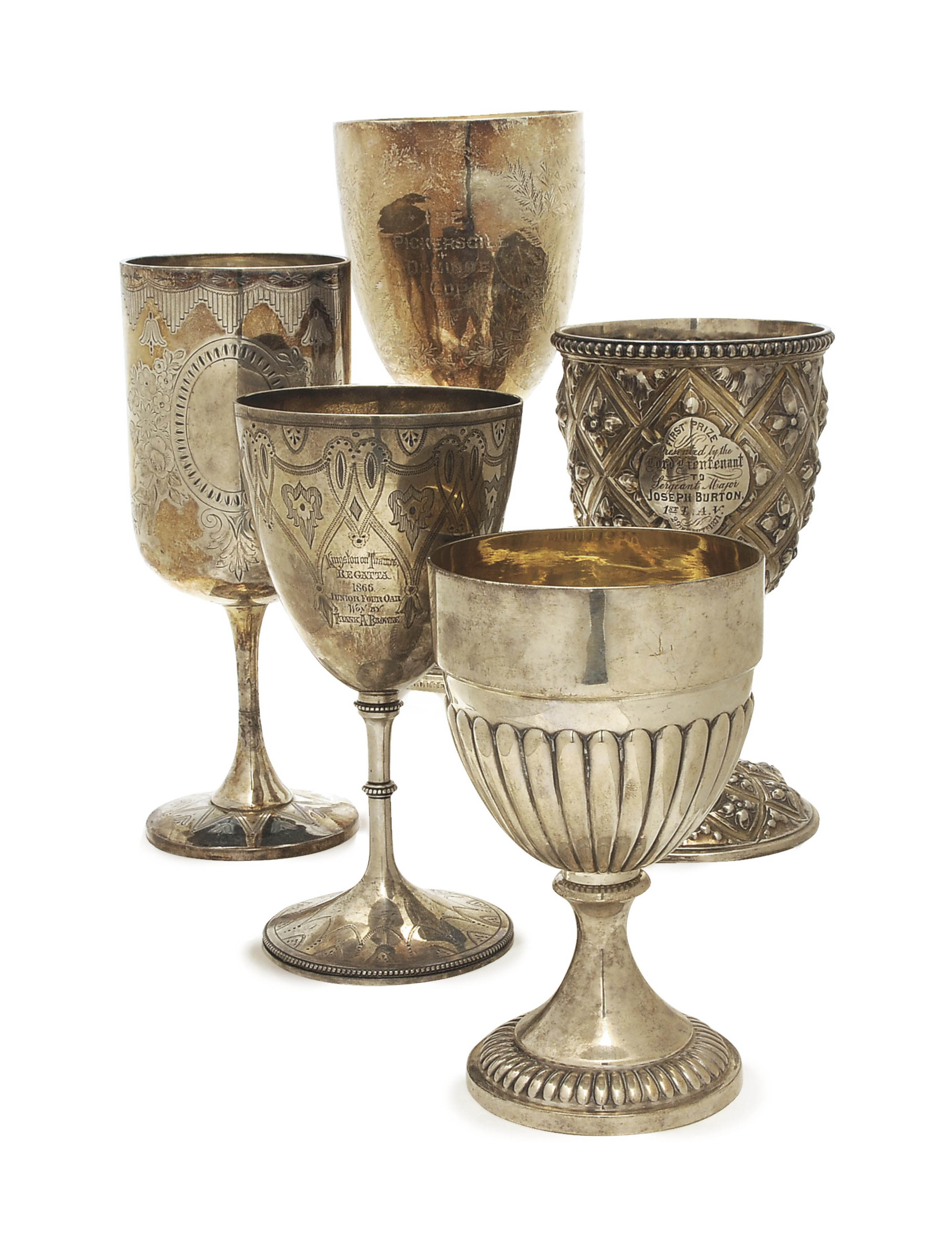 EIGHT ENGLISH SILVER WINE GOBLETS, , SEVEN MARKED FOR LONDON, 17831877