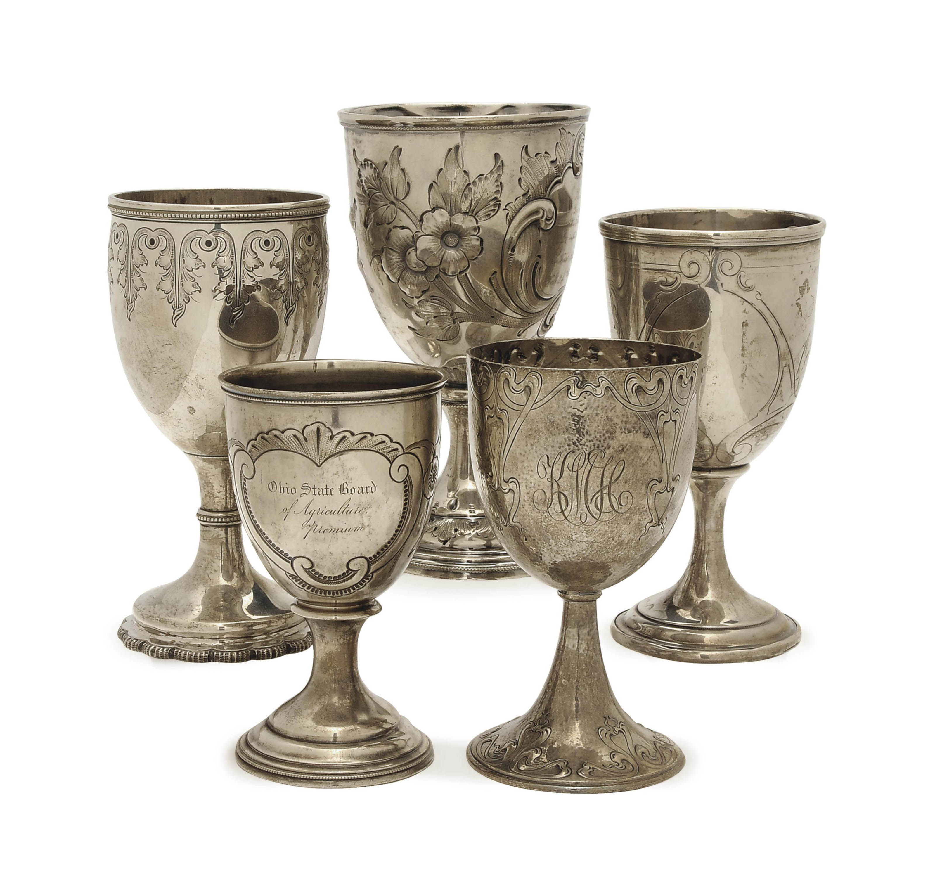FIVE AMERICAN SILVER GOBLETS AND A VICTORIAN SILVER GOBLET, , VARIOUSLY