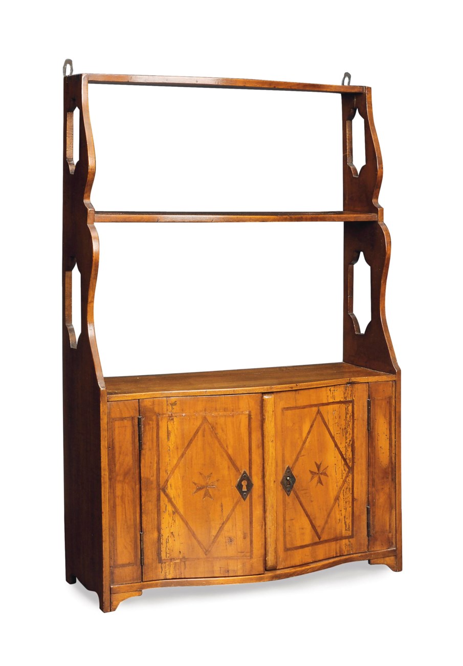 A FRENCH PROVINCIAL INLAID FRUITWOOD HANGING ETAGERE, , 19TH CENTURY
