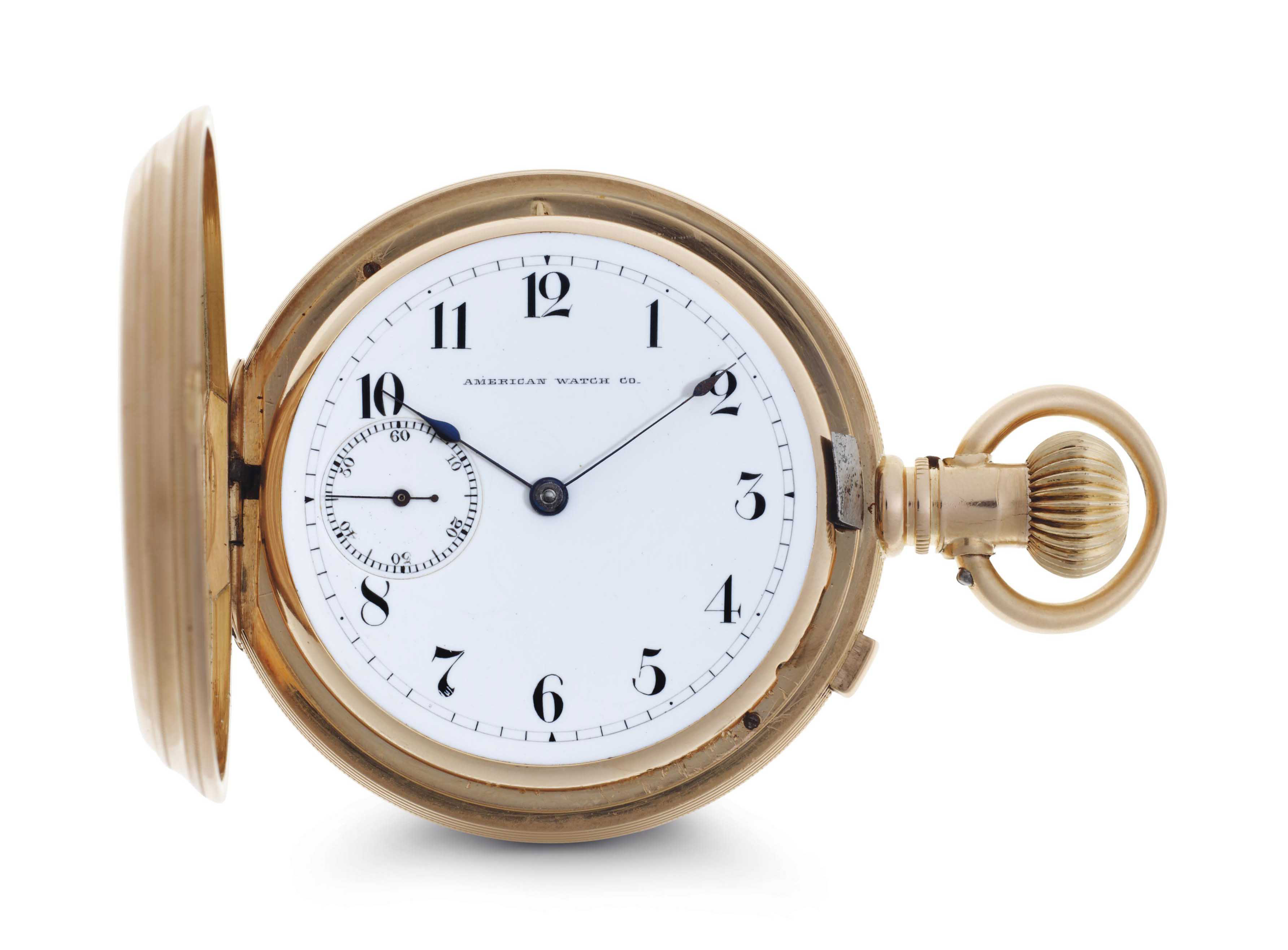 American Watch. A Rare 18k Gold Hunter Case Keyless Lever Double Dial