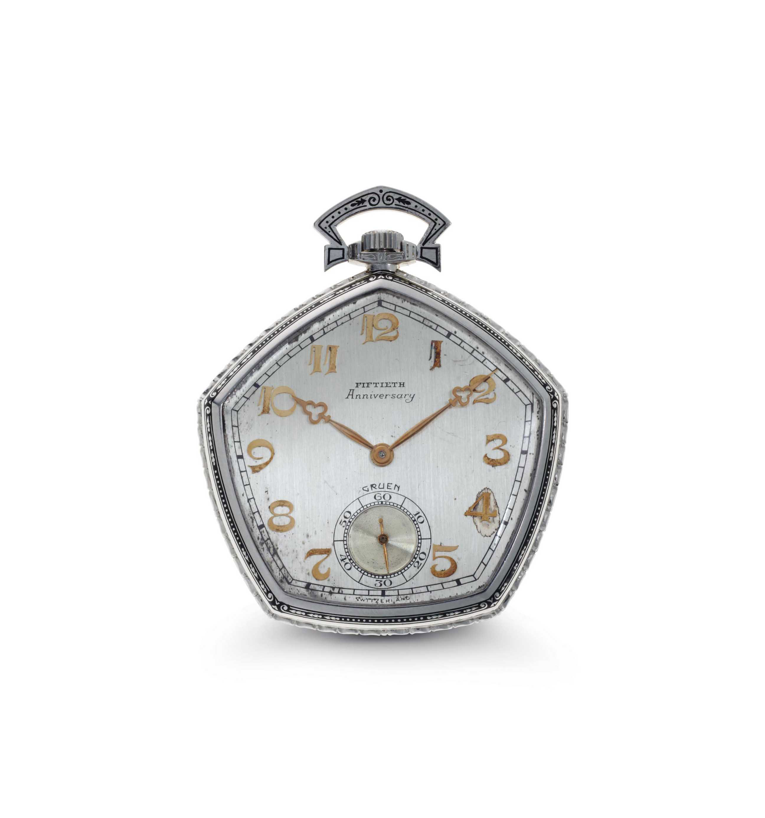 Gruen. A Fine Platinum Pentagonal Openface Keyless Anniversary P