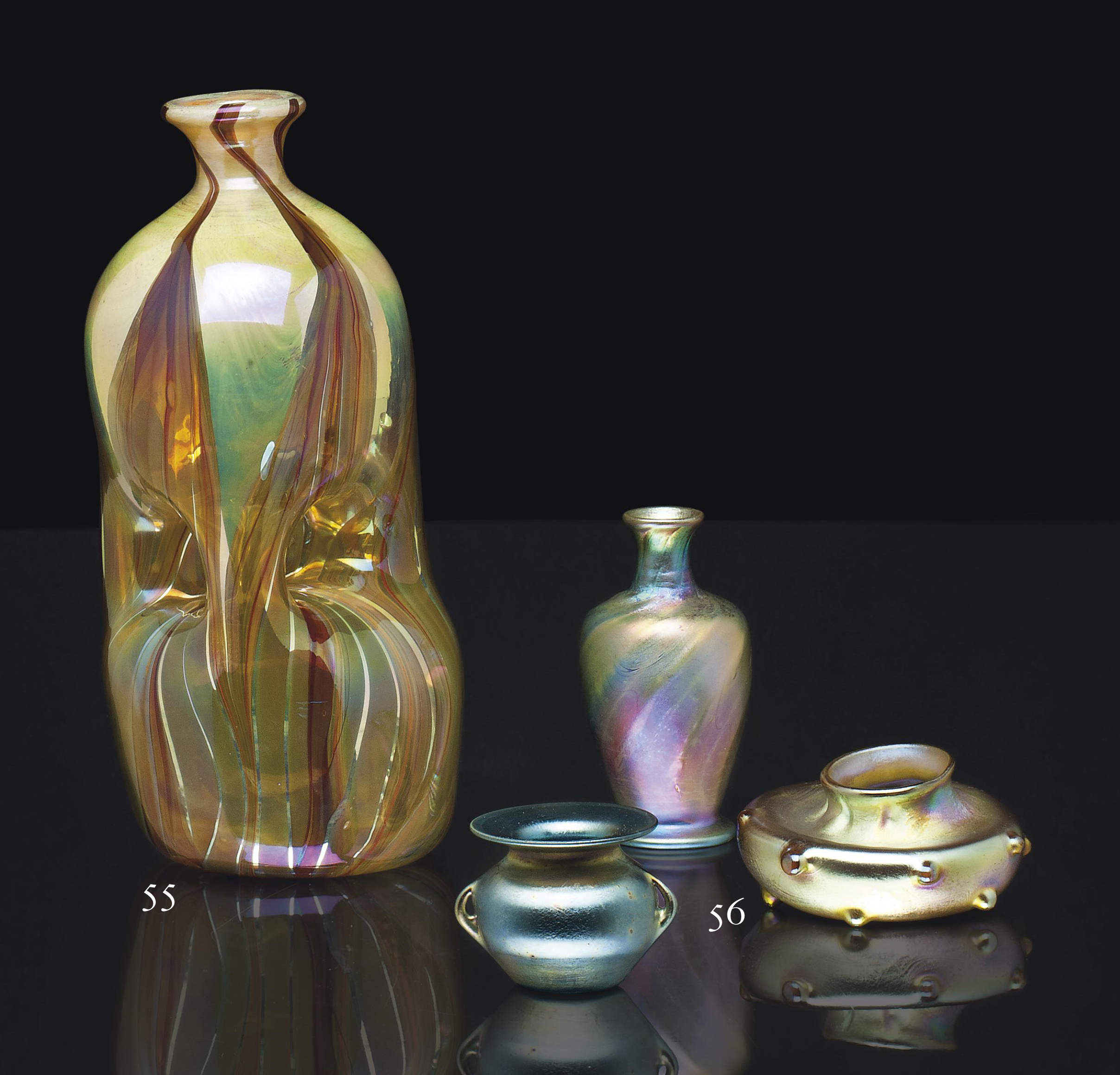 TIFFANY STUDIOS , THREE MINIATURE FAVRILE GLASS VASES, CIRCA 1905