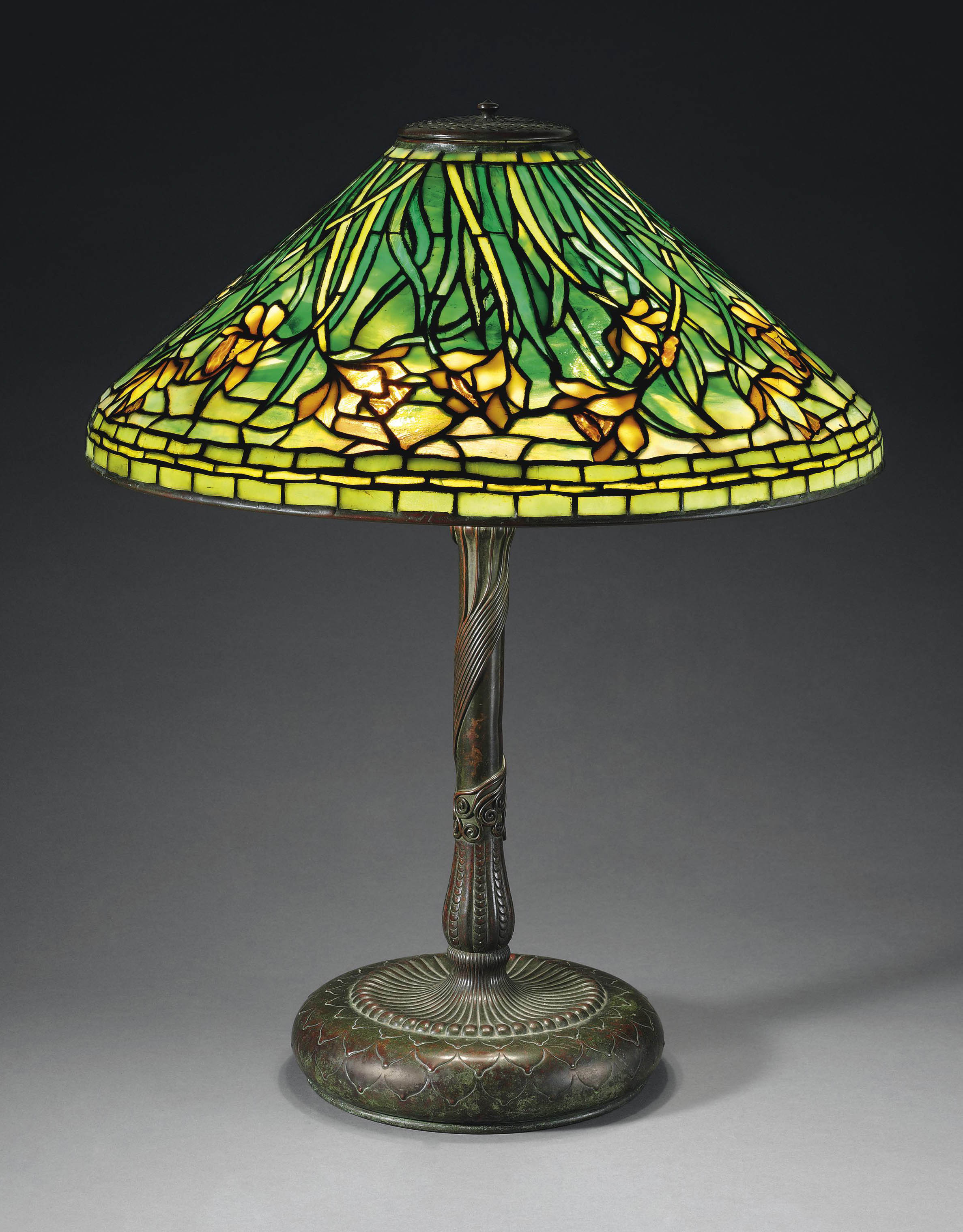 TIFFANY STUDIOS , A 'DAFFODIL' LEADED GLASS AND BRONZE ...
