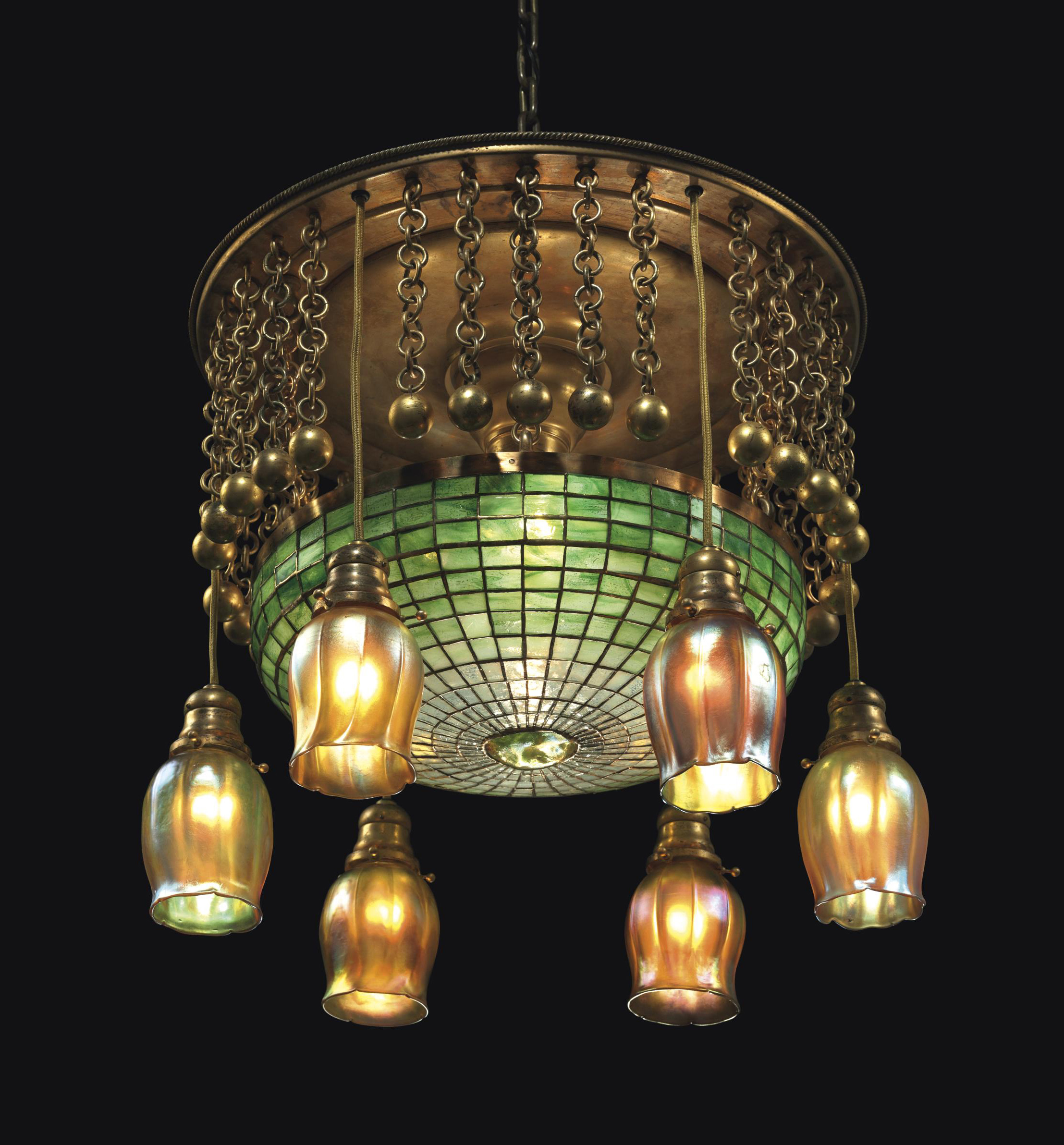 TIFFANY STUDIOS , A GEOMETRIC LEADED GLASS AND BRONZE CHANDELIER, CIRCA 1910 Christie's