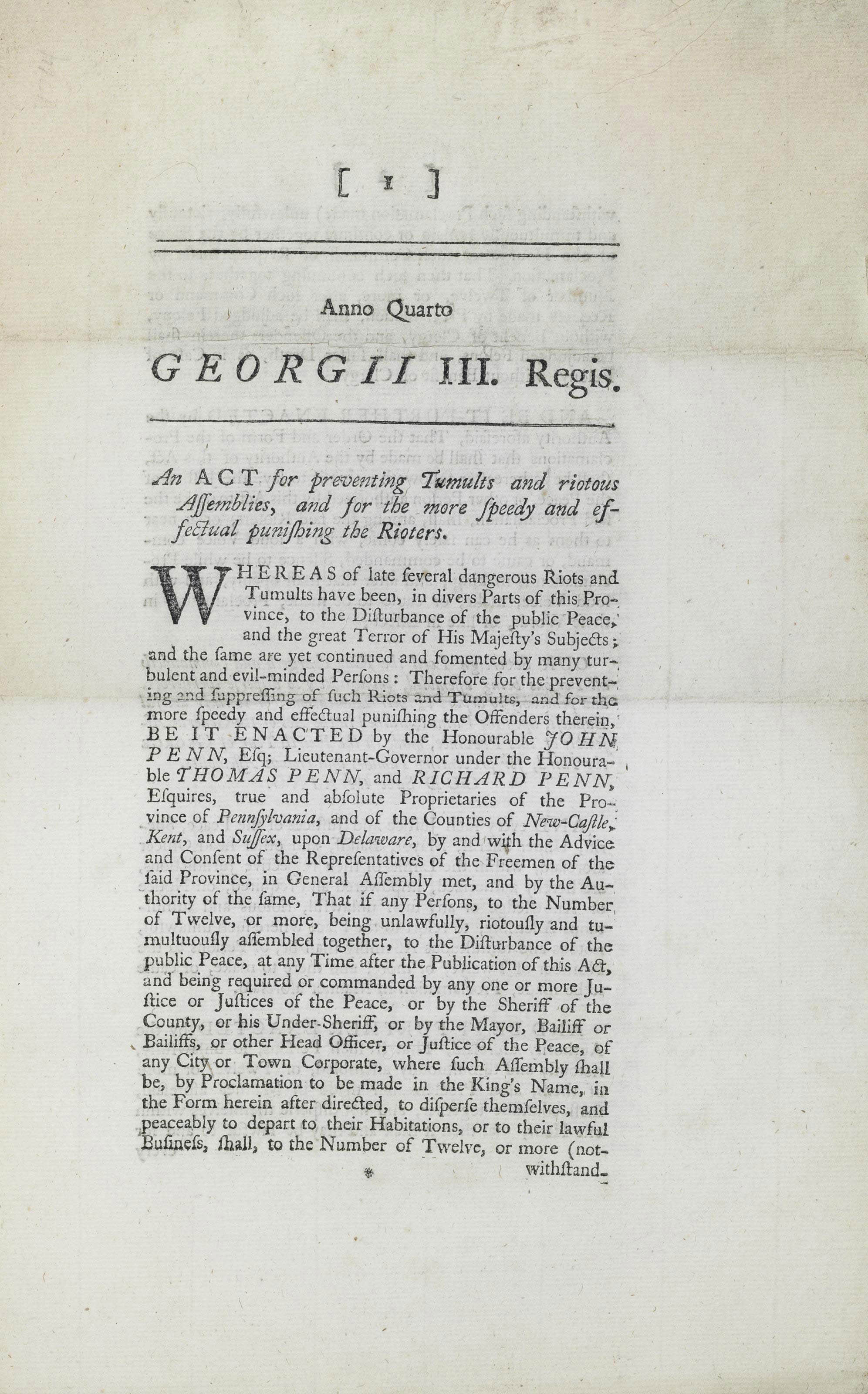 [FRANKLIN PRINTING]. PENNSYLVANIA GENERAL ASSEMBLY. Anno Quarto