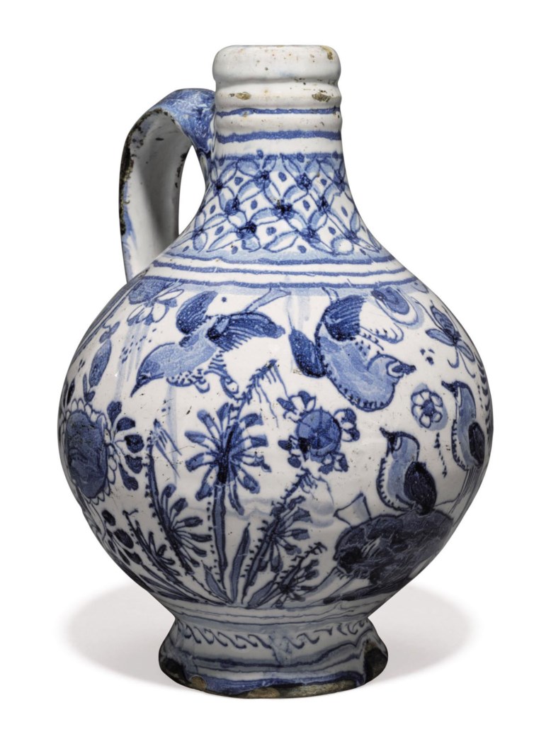 A LONDON DELFT DATED BLUE AND WHITE CHINOISERIE WINEBOTTLE