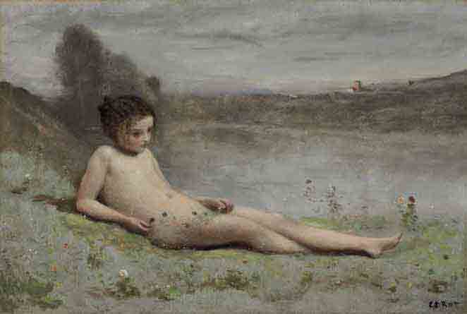 Jeune baigneuse couchée sur l'herbe au bord d'un étang 
