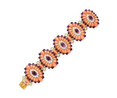 A coral, amethyst and diamond Lamartine bracelet, by Van Cleef & Arpels. Sold for $782,500 on 13 December 2011  at Christie’s in New York