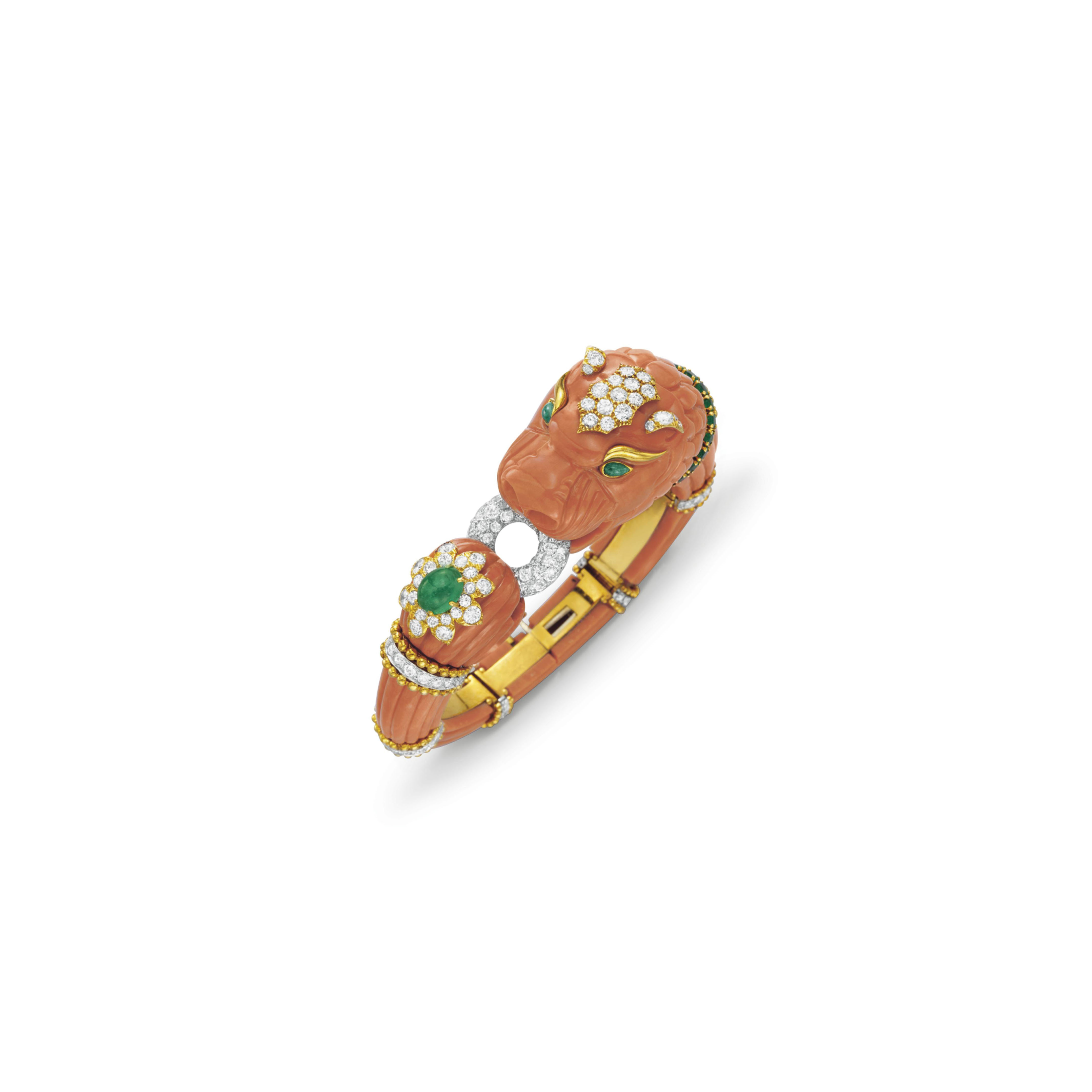 A coral, diamond and emerald bangle bracelet, by David Webb. Sold for $218,500 on 13 December 2011 at Christie&rsquo;s in New York
