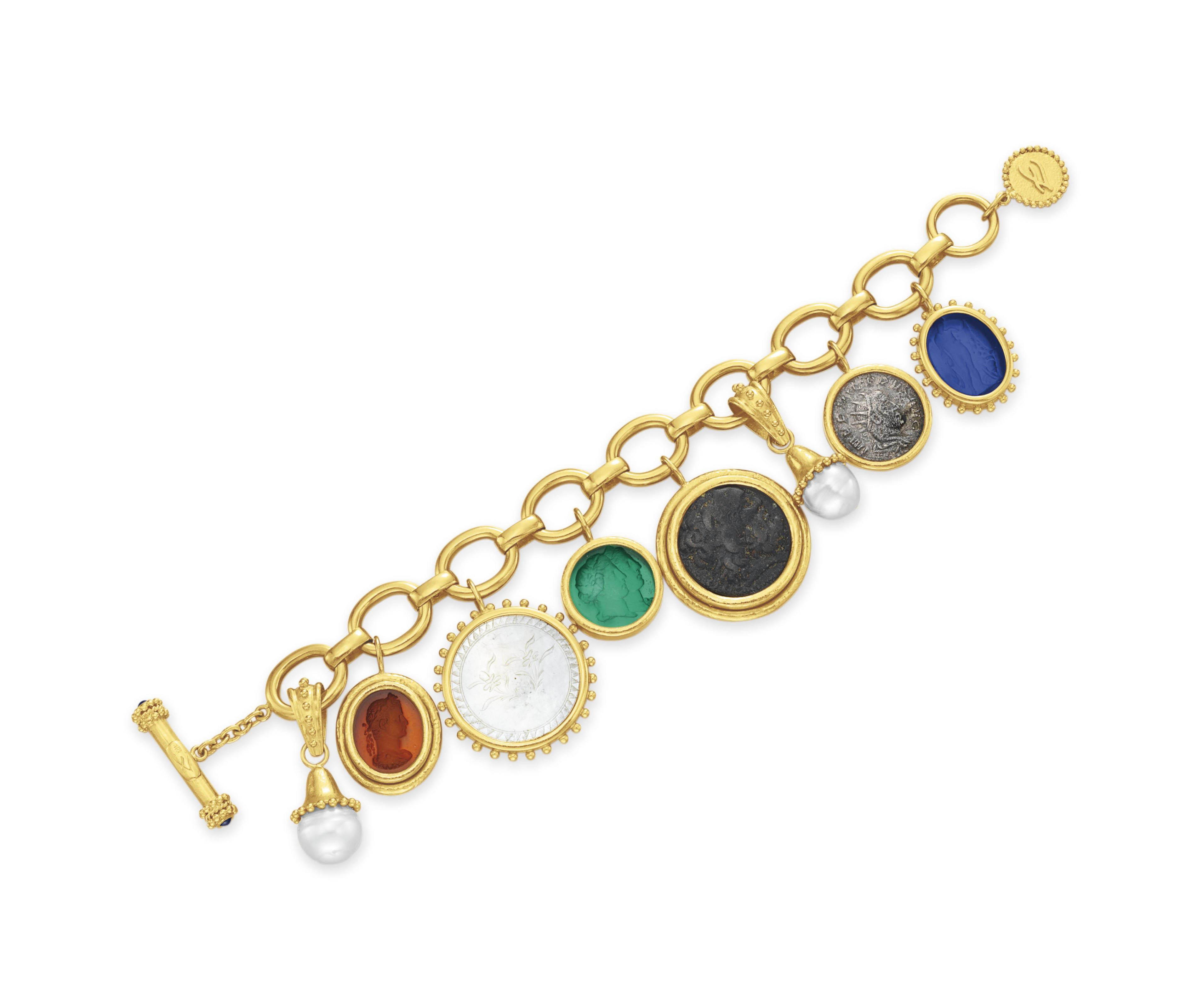 ~A CULTURED PEARL, MULTI-GEM AND GOLD CHARM BRACELET, BY ELIZABETH