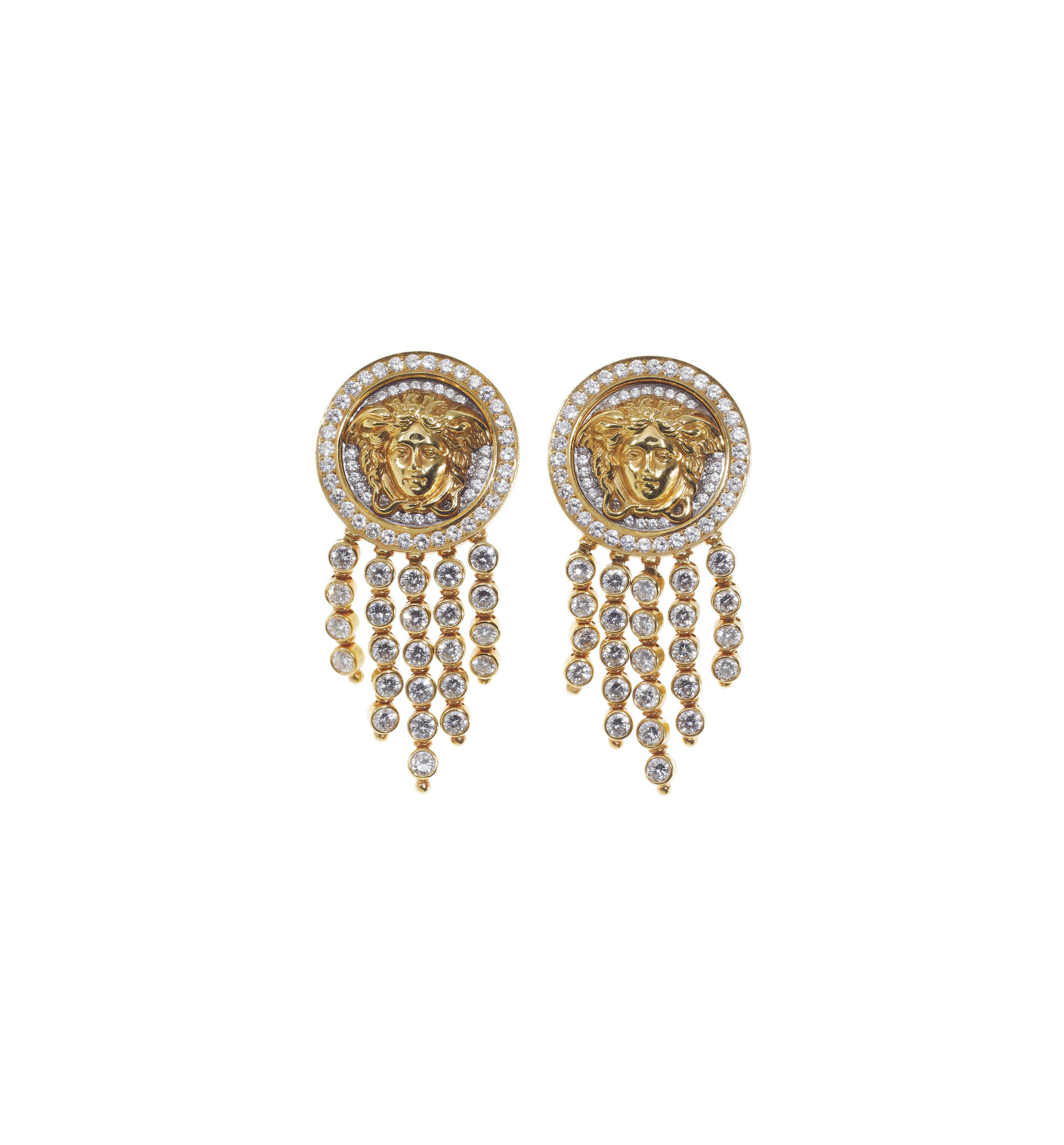 A PAIR OF DIAMOND AND GOLD EAR PENDANTS, BY GIANNI VERSACE
