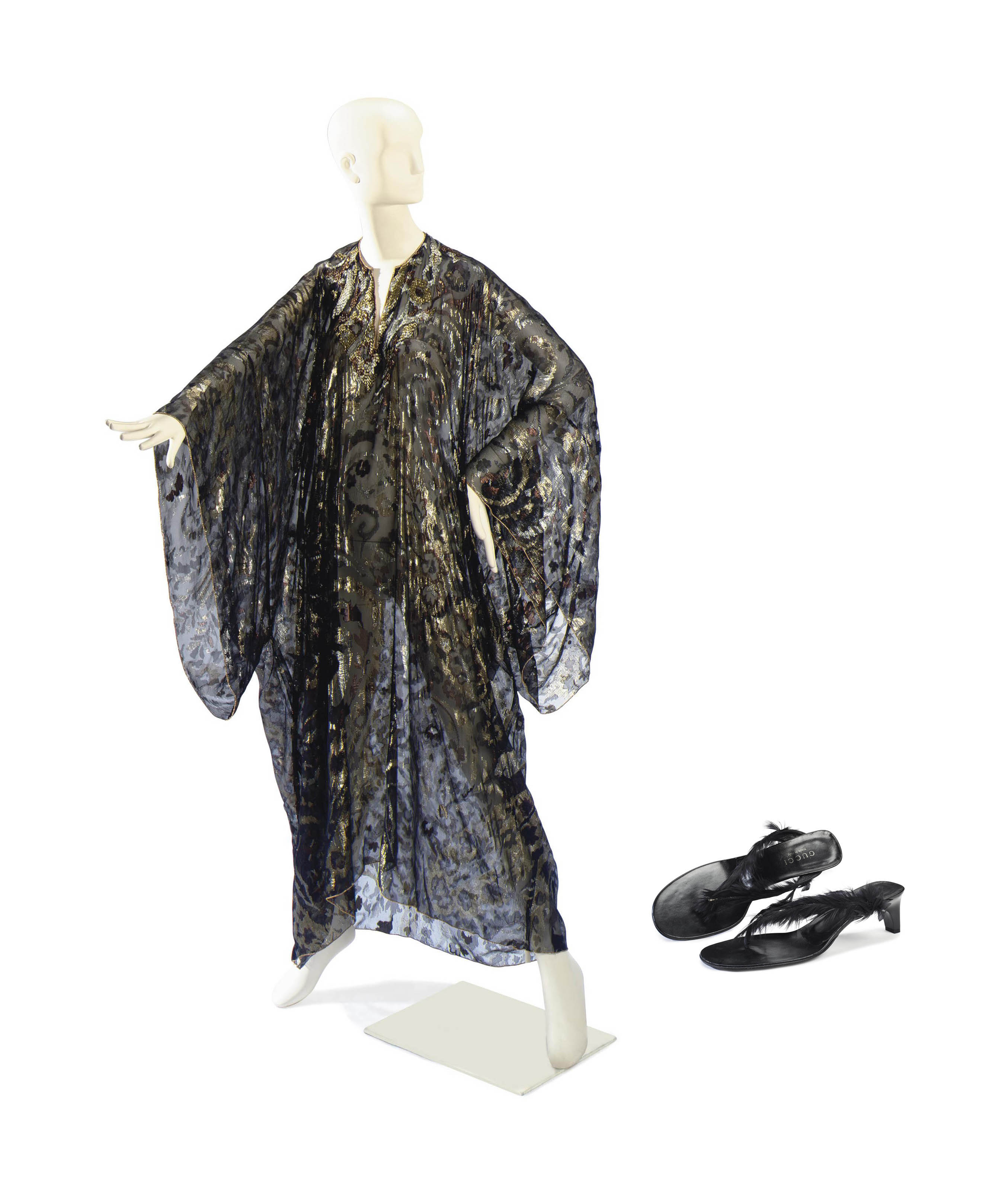 SILVER BROCADE CAFTAN WITH GUCCI SANDALS