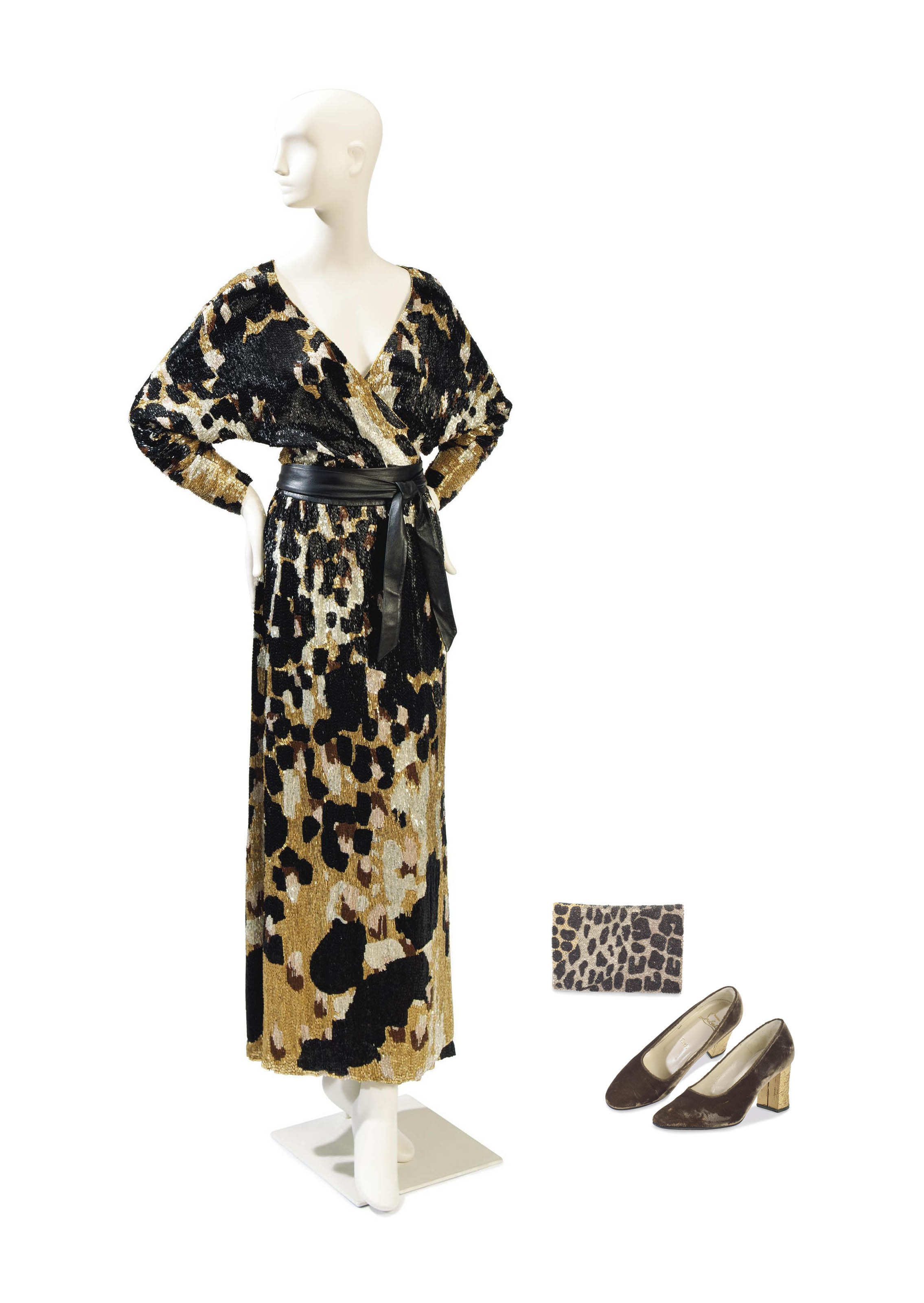 A MICHAEL VOLLBRACHT BEADED EVENING GOWN WITH A PAIR OF CHRISTIA