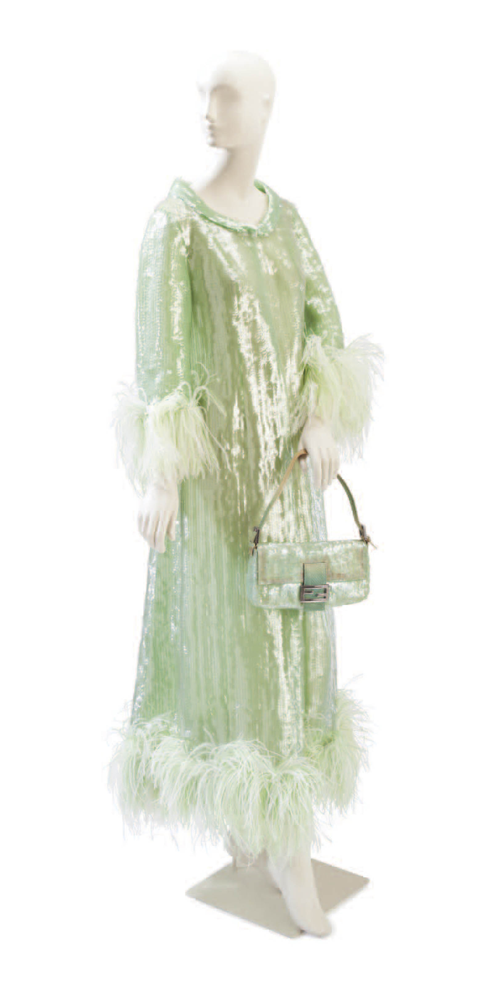 A CELADON ALLOVER TRANSPARENT SEQUINNED AND FEATHER TRIMMED EVEN