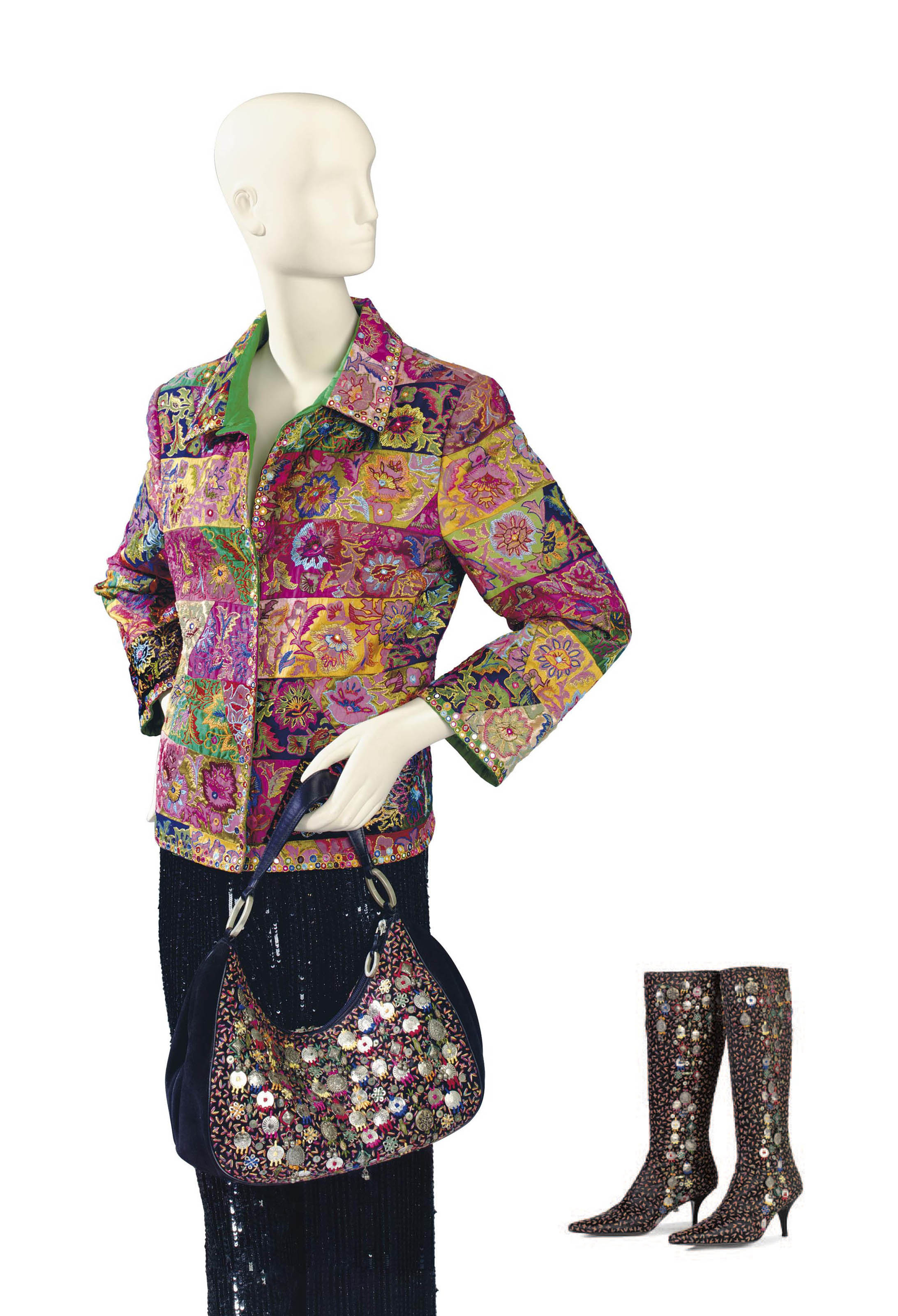 AN OSCAR DE LA RENTA MULTI-COLORED VELVET AND SILK EMBROIDERED J