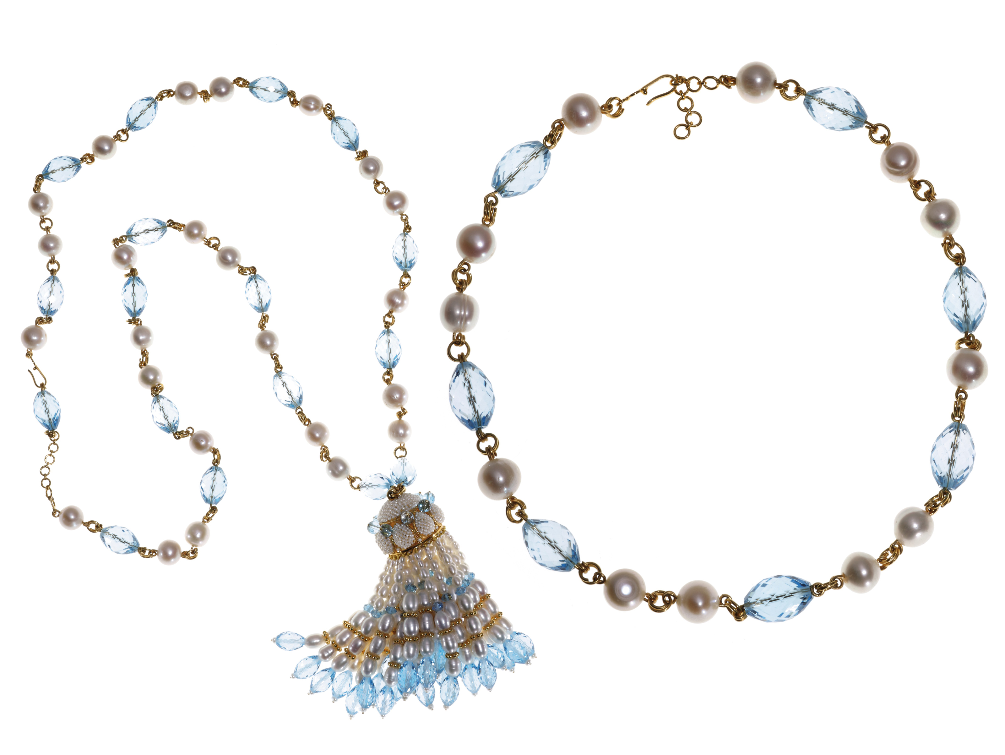A PAIR OF CULTURED PEARL, BLUE TOPAZ AND GOLD NECKLACES | Christie's