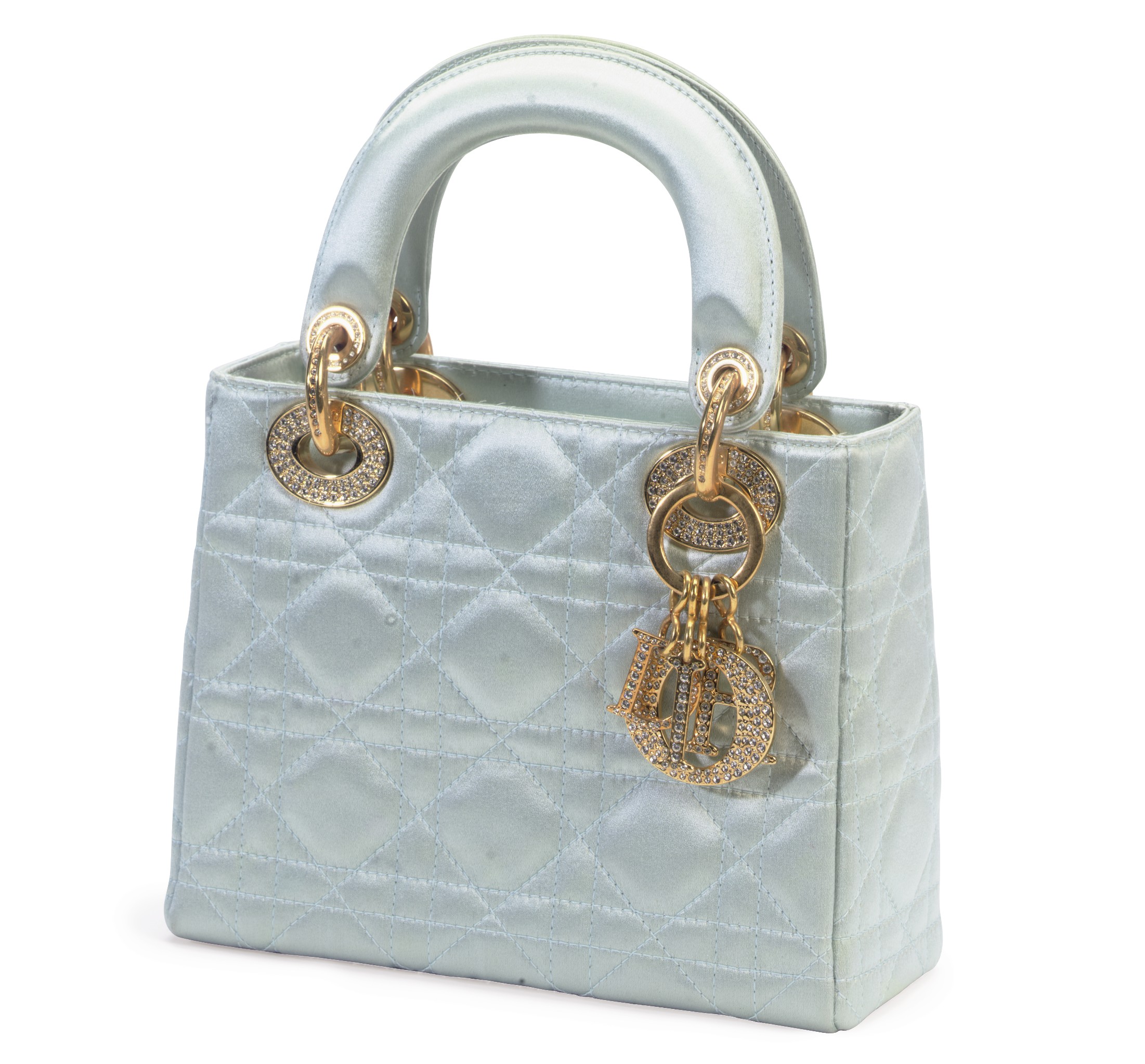 A SMALL DUCKEGG BLUE SATIN LADY DIOR EVENING BAG , LABELED 'CHRISTIAN